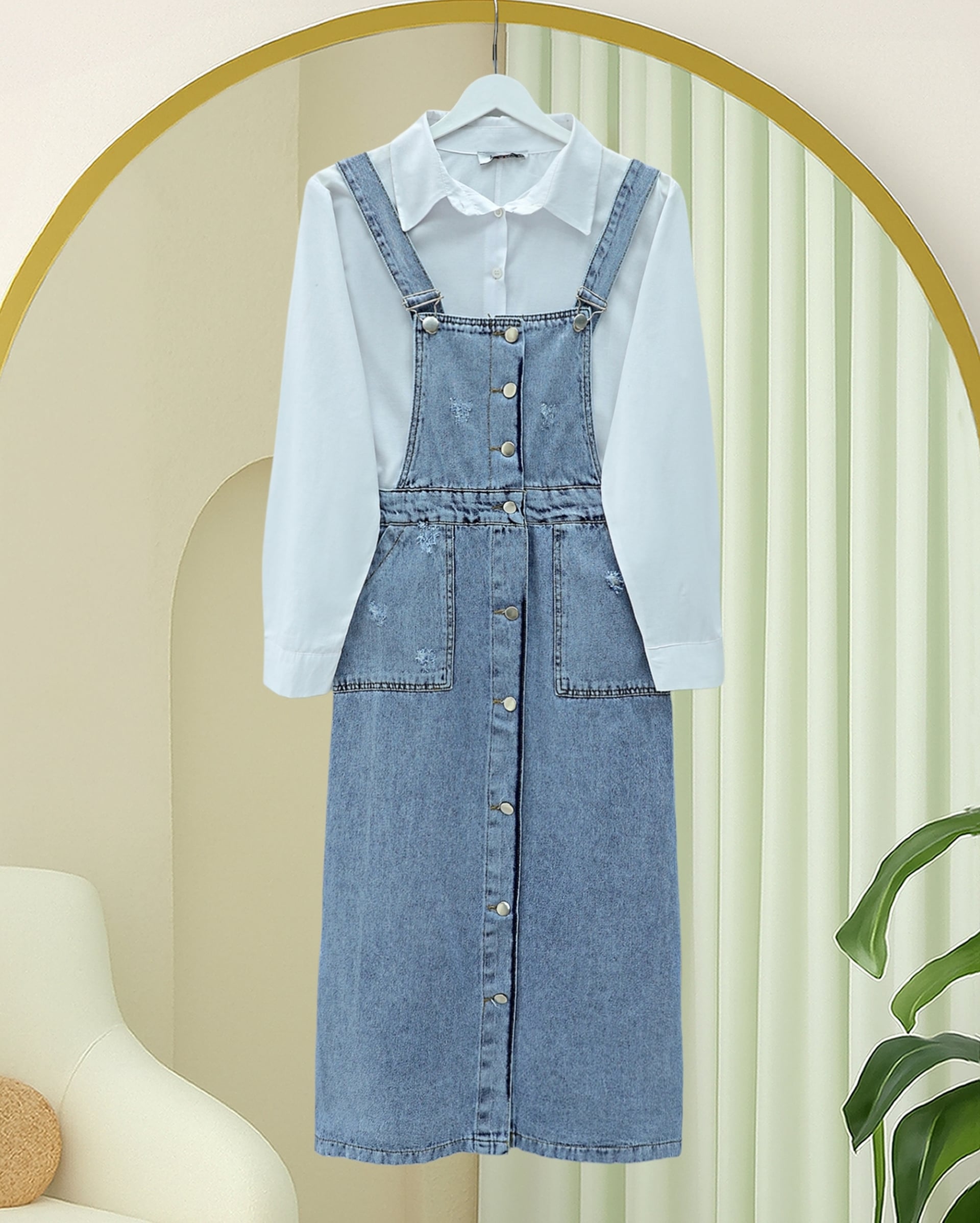 Distressed Denim Pinafore Dress with Full-Length Buttons and Two Pockets - Light Blue - Podyumplus - by Peralane - photo 3