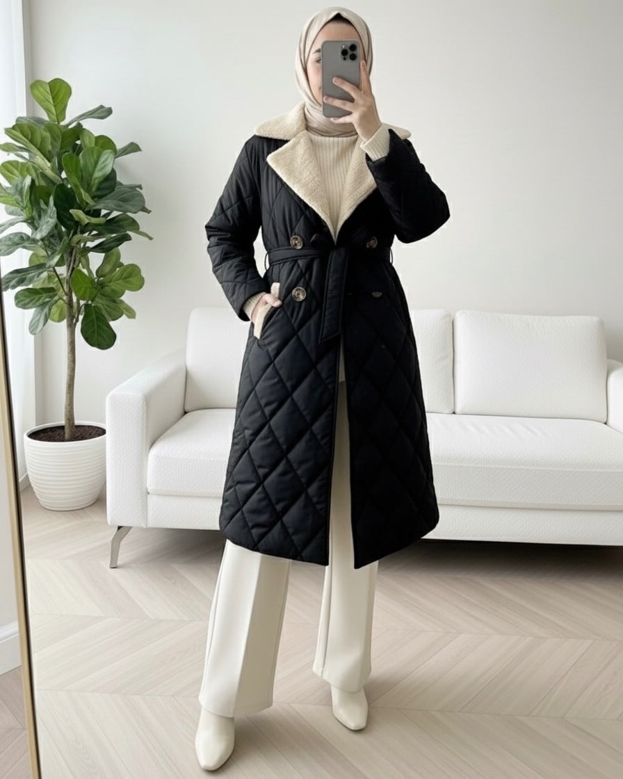 Women's Black Quilted Diamond Coat with Sherpa Collar and Belt - Podyumplus - by Peralane - photo 2