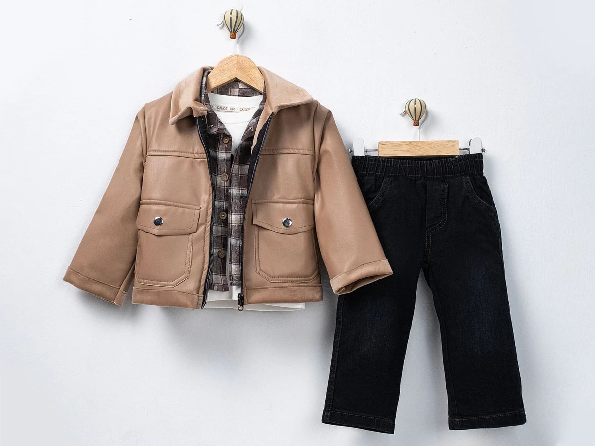 Boys' Faux Leather Jacket, Shirt and Trousers Set - Beige - Canoz - by Peralane
