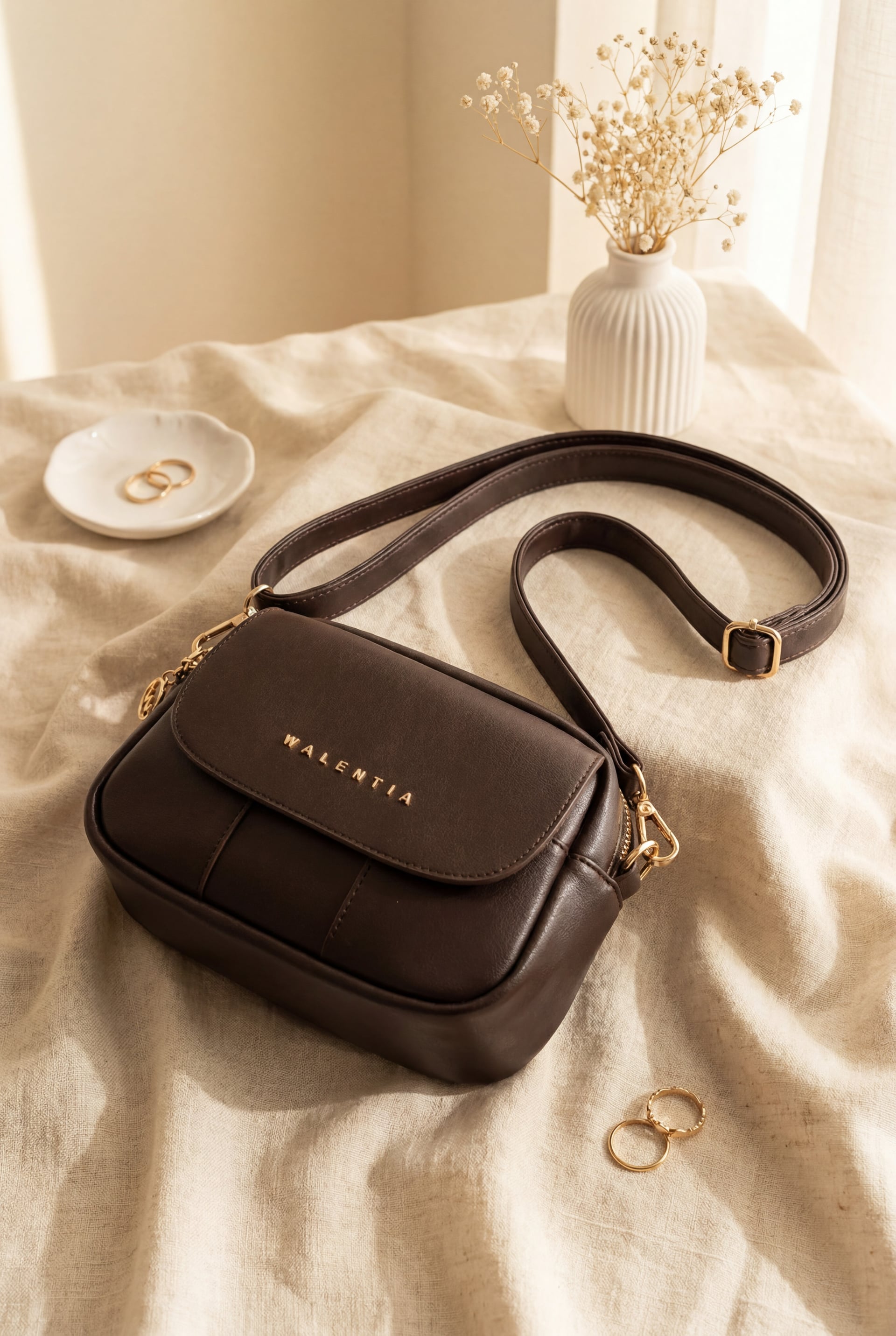Three-Compartment Flap Crossbody Bag with Long Strap - Dark Brown - Podyumplus - by Peralane