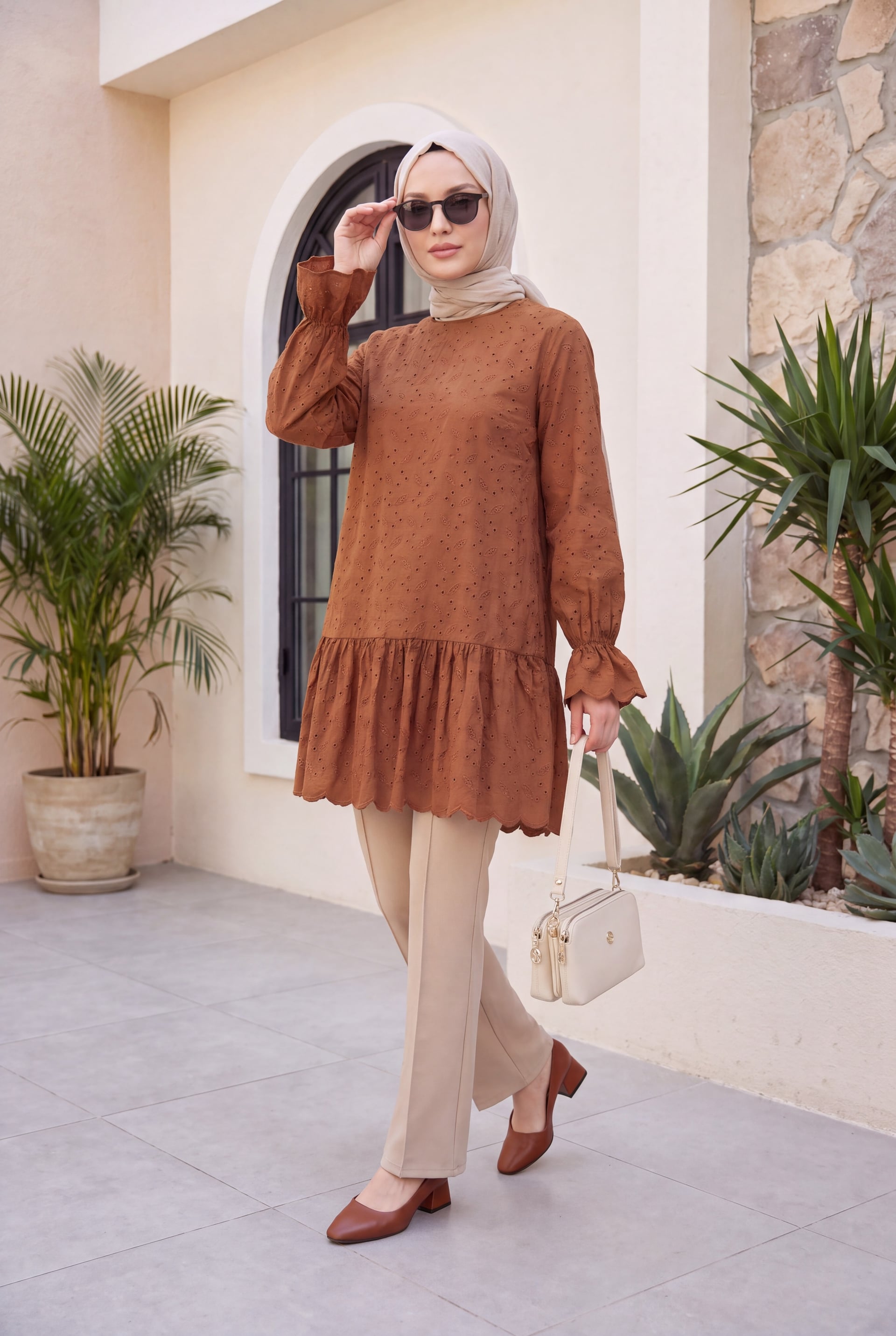 Long-Sleeved Eyelet Tunic with Ruffled Hem - Tan - Podyumplus - by Peralane - photo 3