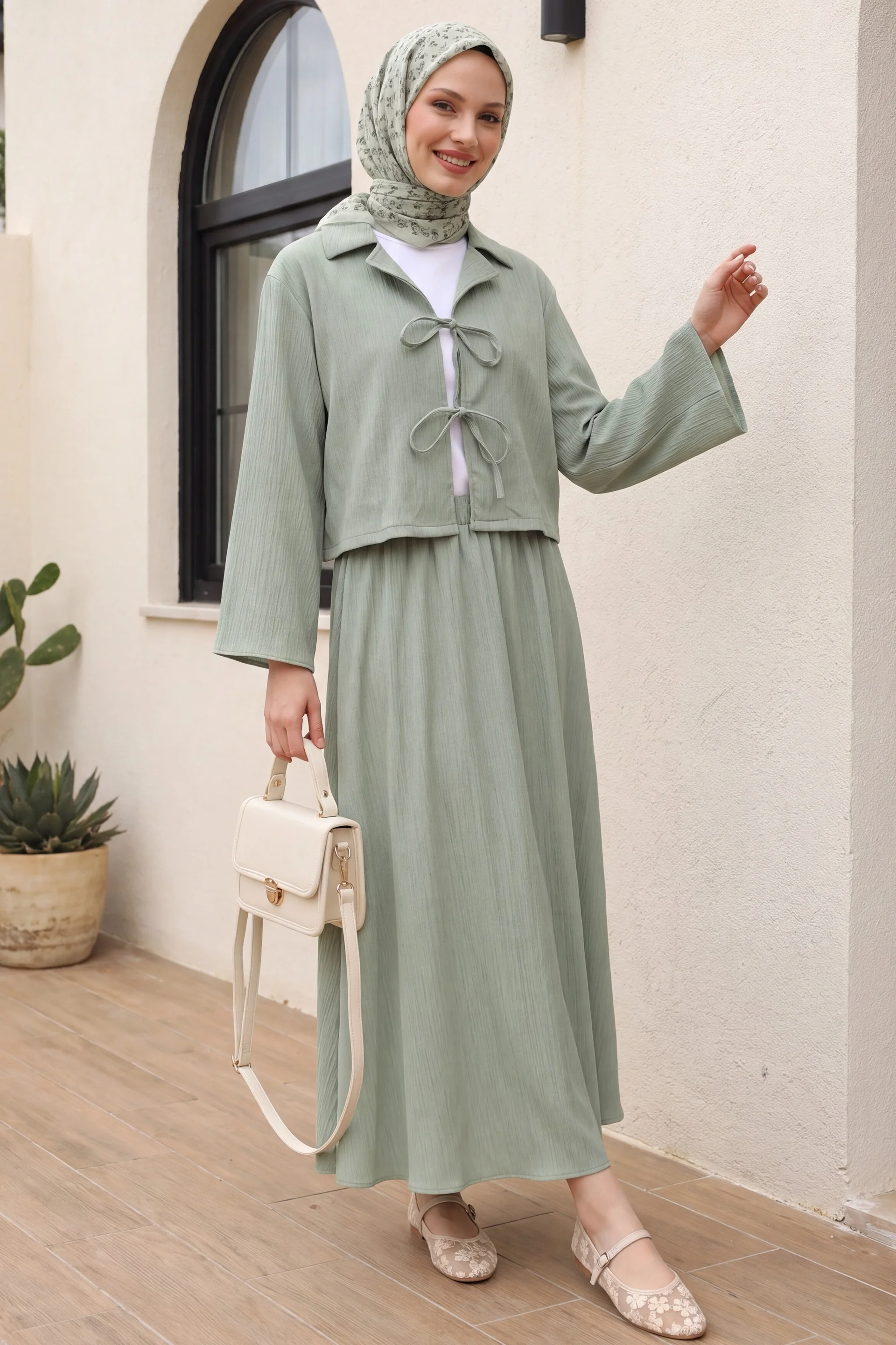 Front-Tie Crinkle Co-ord Set with Maxi Skirt - Sage Green - Podyumplus - by Peralane - photo 3