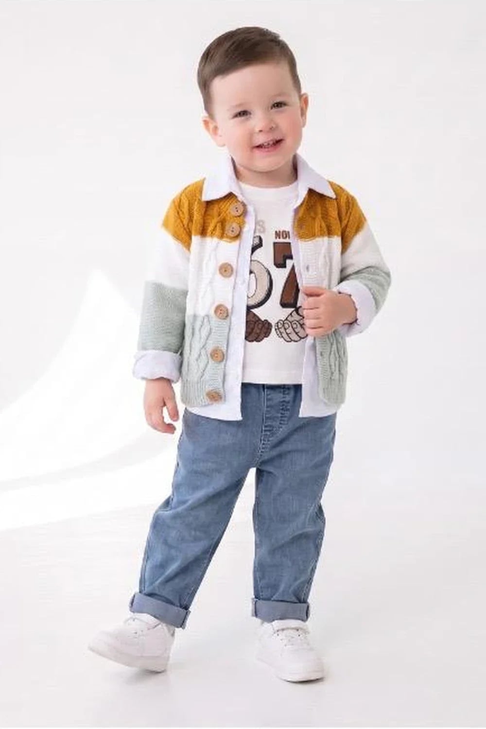 Boys' Cable-Knit Cardigan and T-Shirt Set - Turuncu - Has Bereket - by Peralane