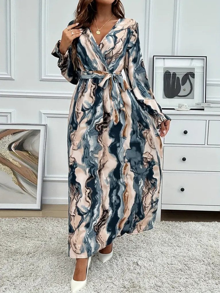 Women's Long-Sleeve Wrap Maxi Dress with Tie Waist and Marbled Print - Janes - by Peralane - photo 2