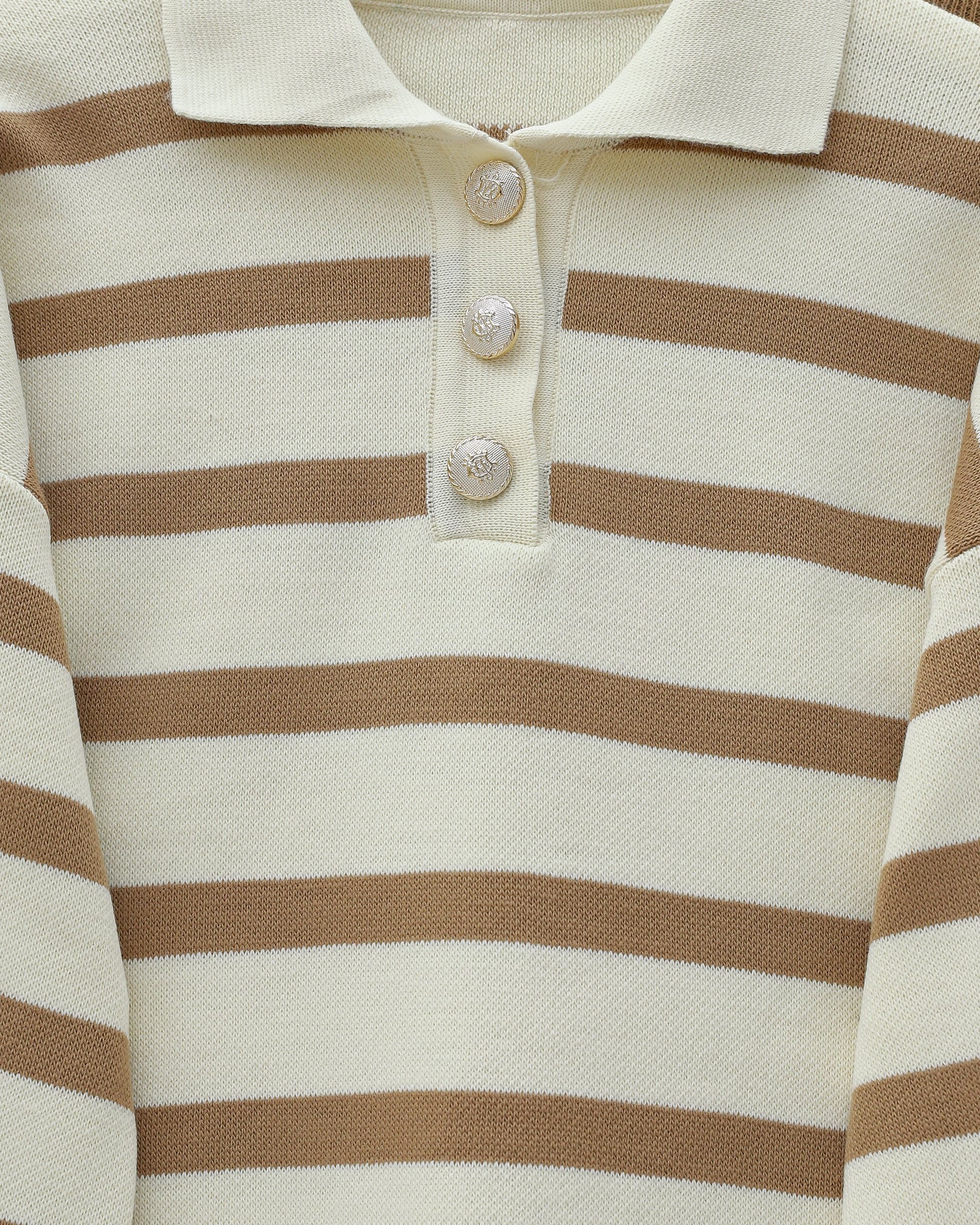 Polo Collar Buttoned Striped Knit Tunic and Wide-Leg Trousers Set - Tan - Podyumplus - by Peralane - photo 4