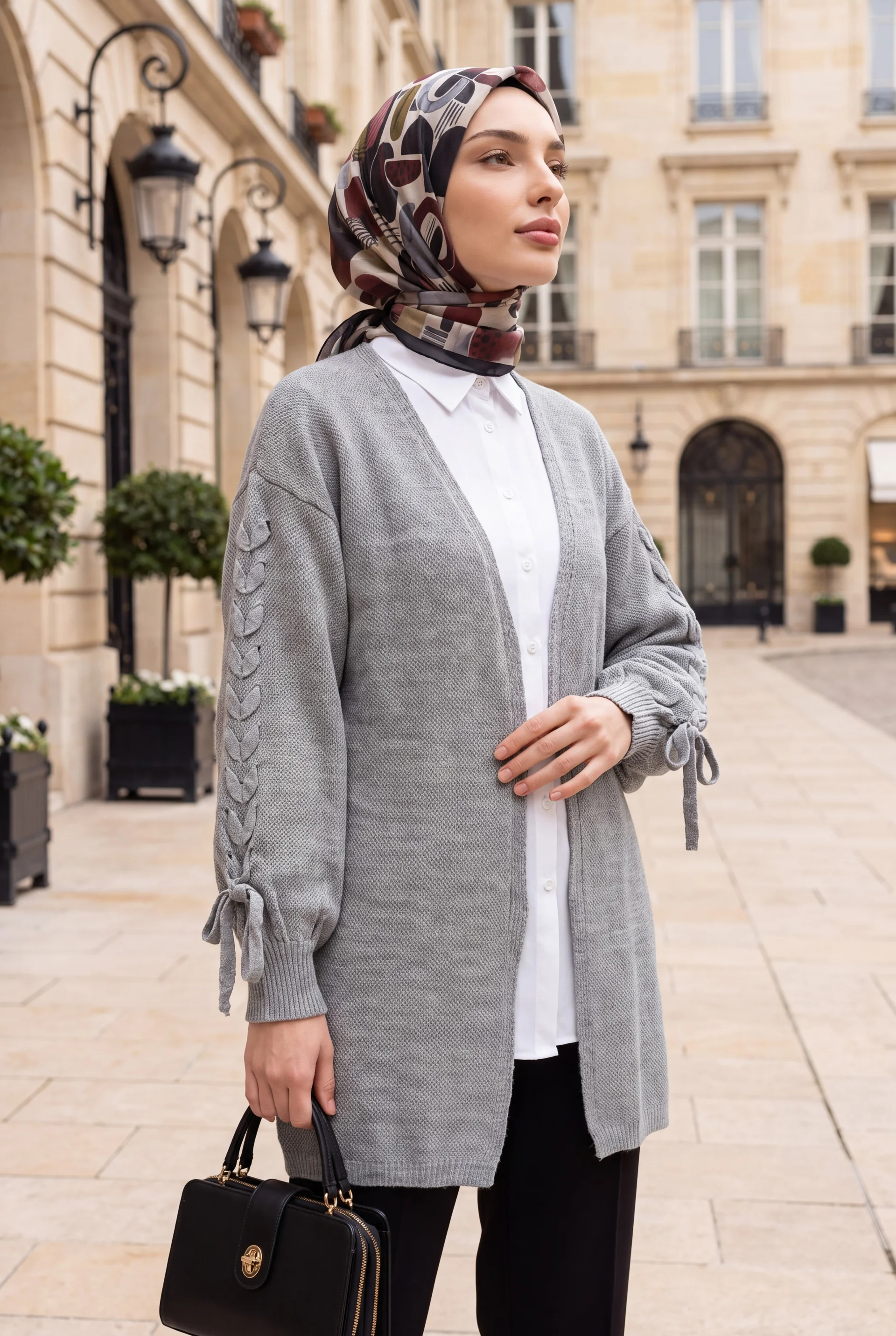 Grey Braided Sleeve Relaxed Knit Cardigan - Podyumplus - by Peralane - photo 3