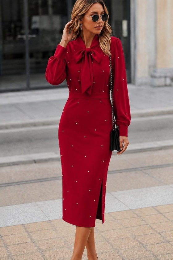 Women's Long Sleeve Bow Neckline Side Slit Pearl Embellished Midi Crepe Dress in Red - Janes - by Peralane - photo 3