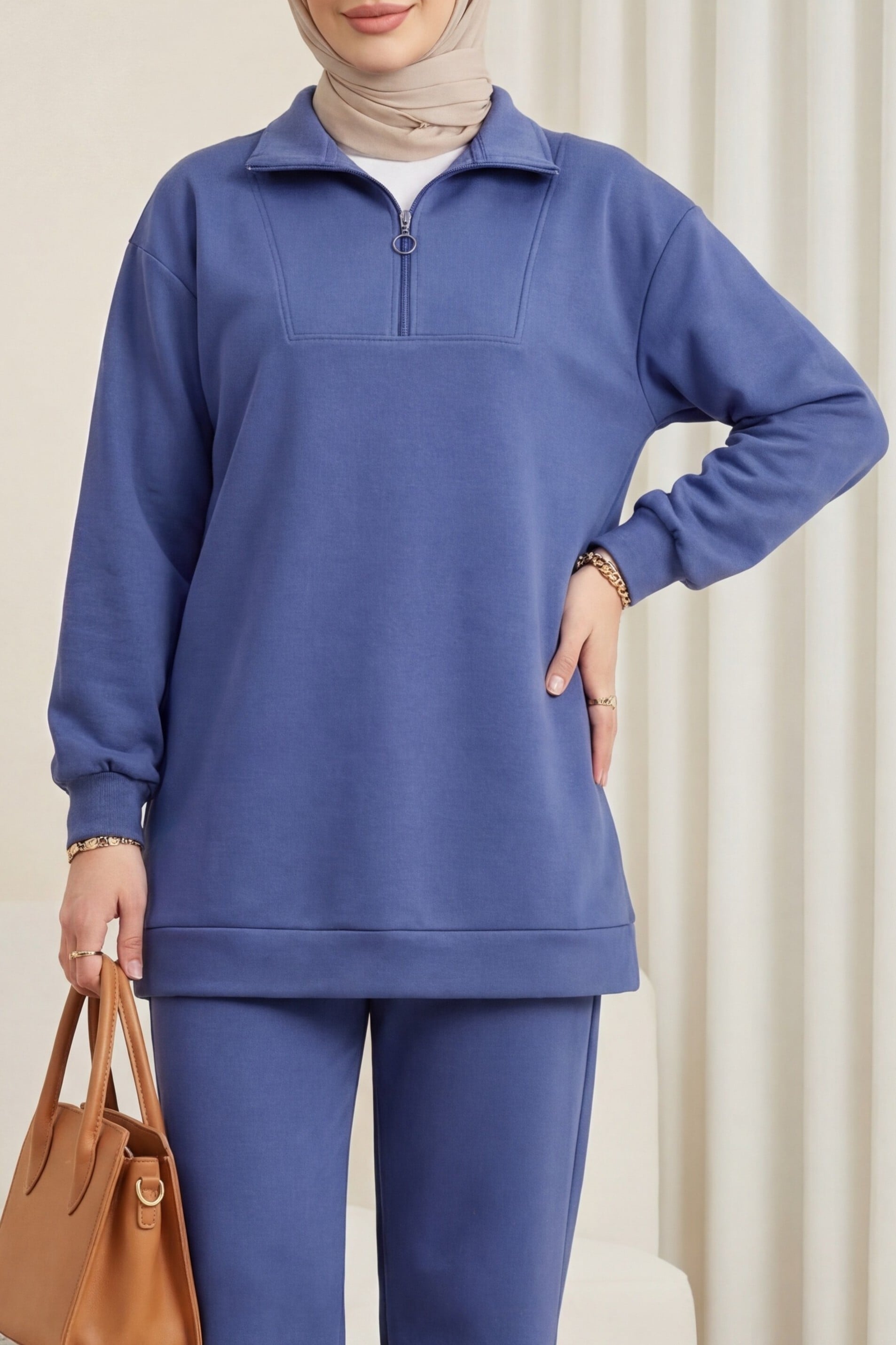 Half-Zip Collared Sweatshirt and Trousers Set - Indigo - Podyumplus - by Peralane - photo 2
