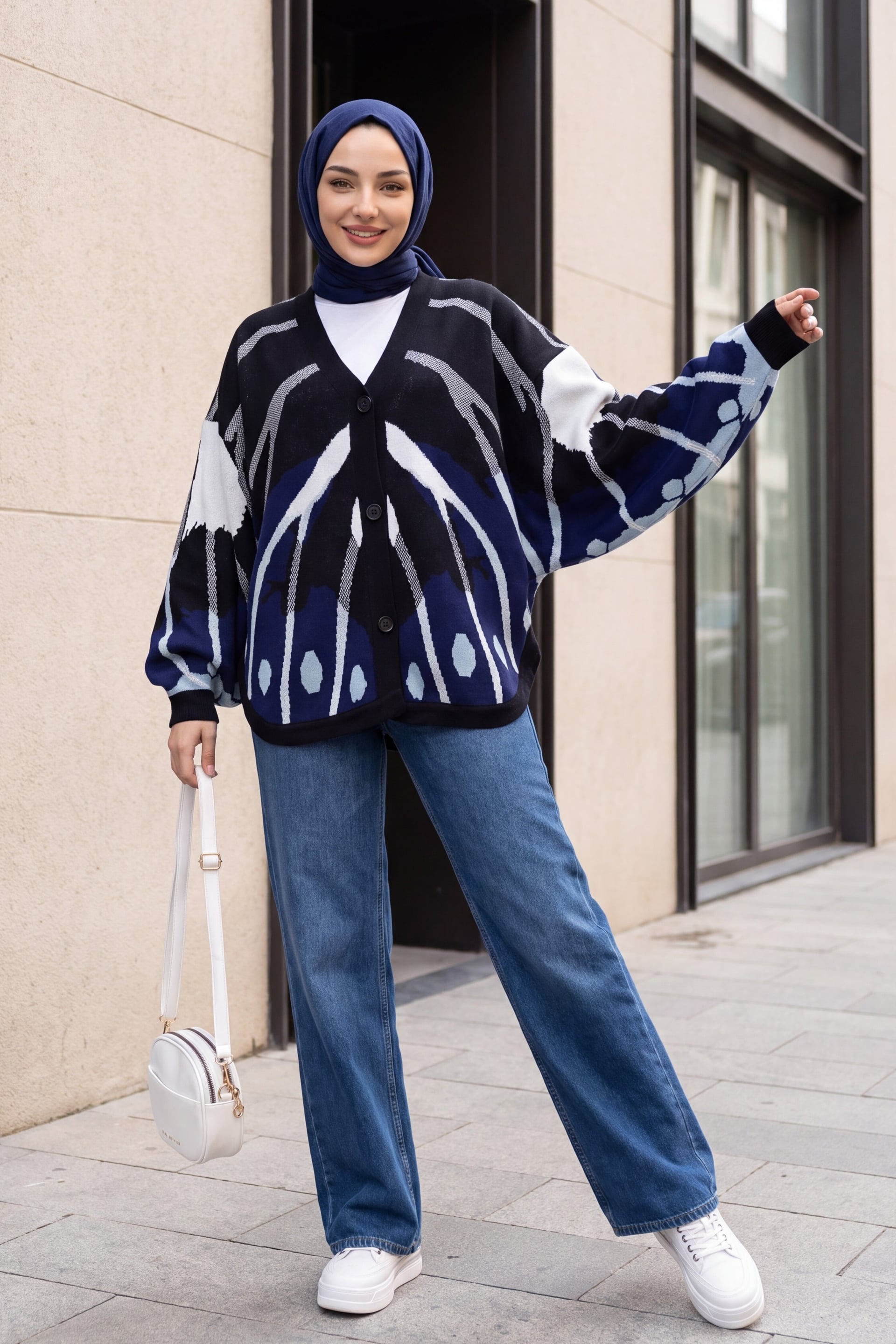 V-Neck Buttoned Patterned Batwing Sleeve Double Placket Knit Cardigan - Navy - Podyumplus - by Peralane - photo 3