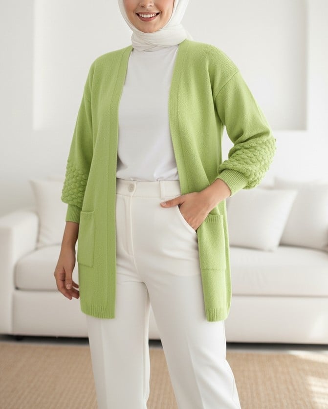 Balloon Sleeve Cardigan with Pom-Pom Detail and Pockets - Lime Green - Podyumplus - by Peralane