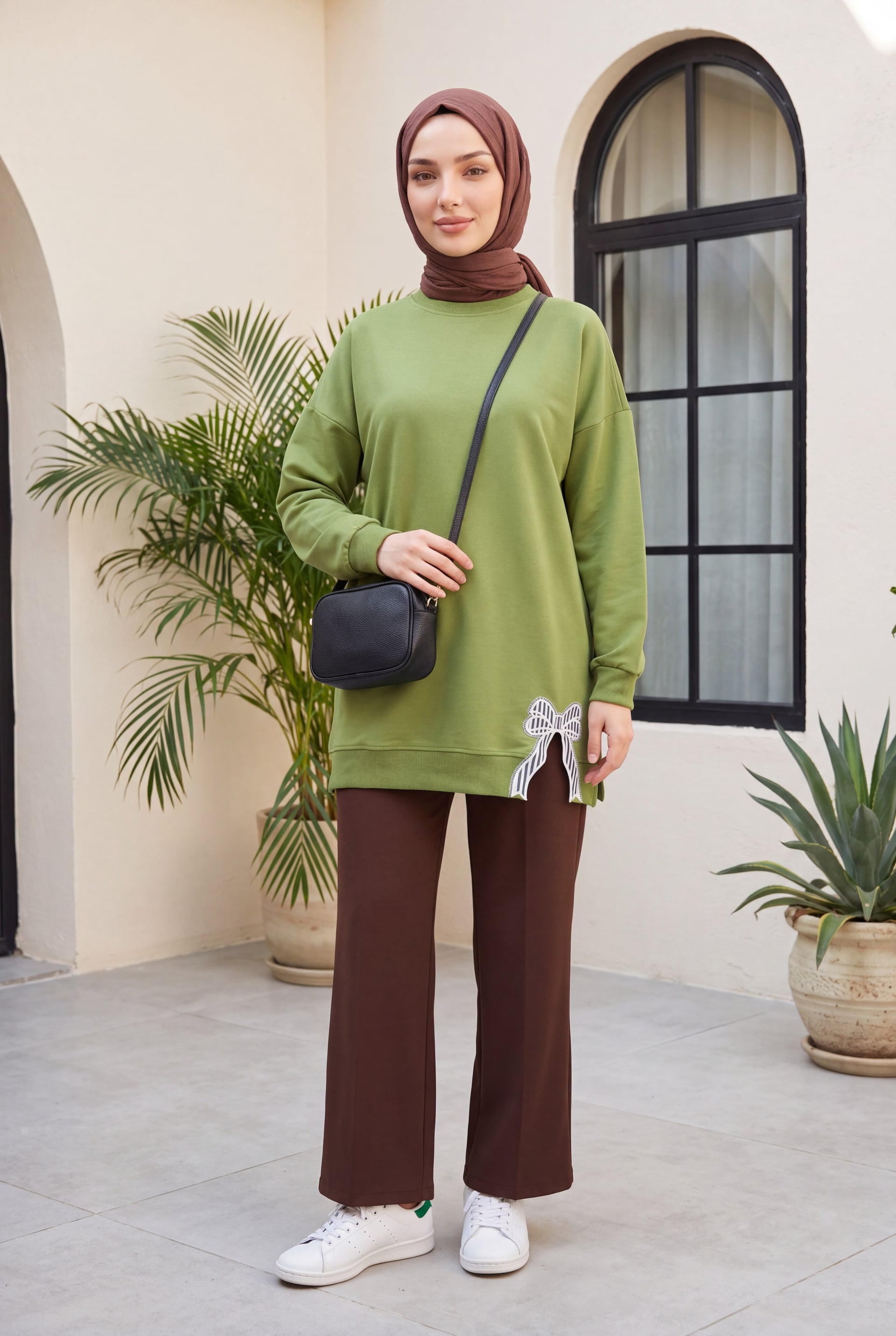Round Neck Bow Detail Relaxed Cotton Tunic - Light Green - Podyumplus - by Peralane - photo 3