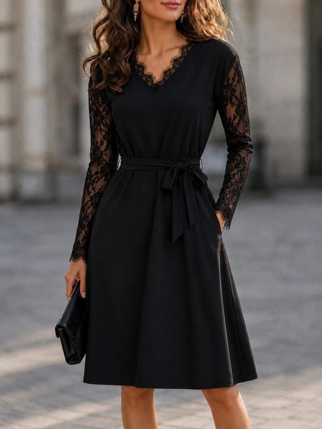 Women's Black Long Sleeve V-Neck Lace Trim Belted Crepe Dress - Janes - by Peralane