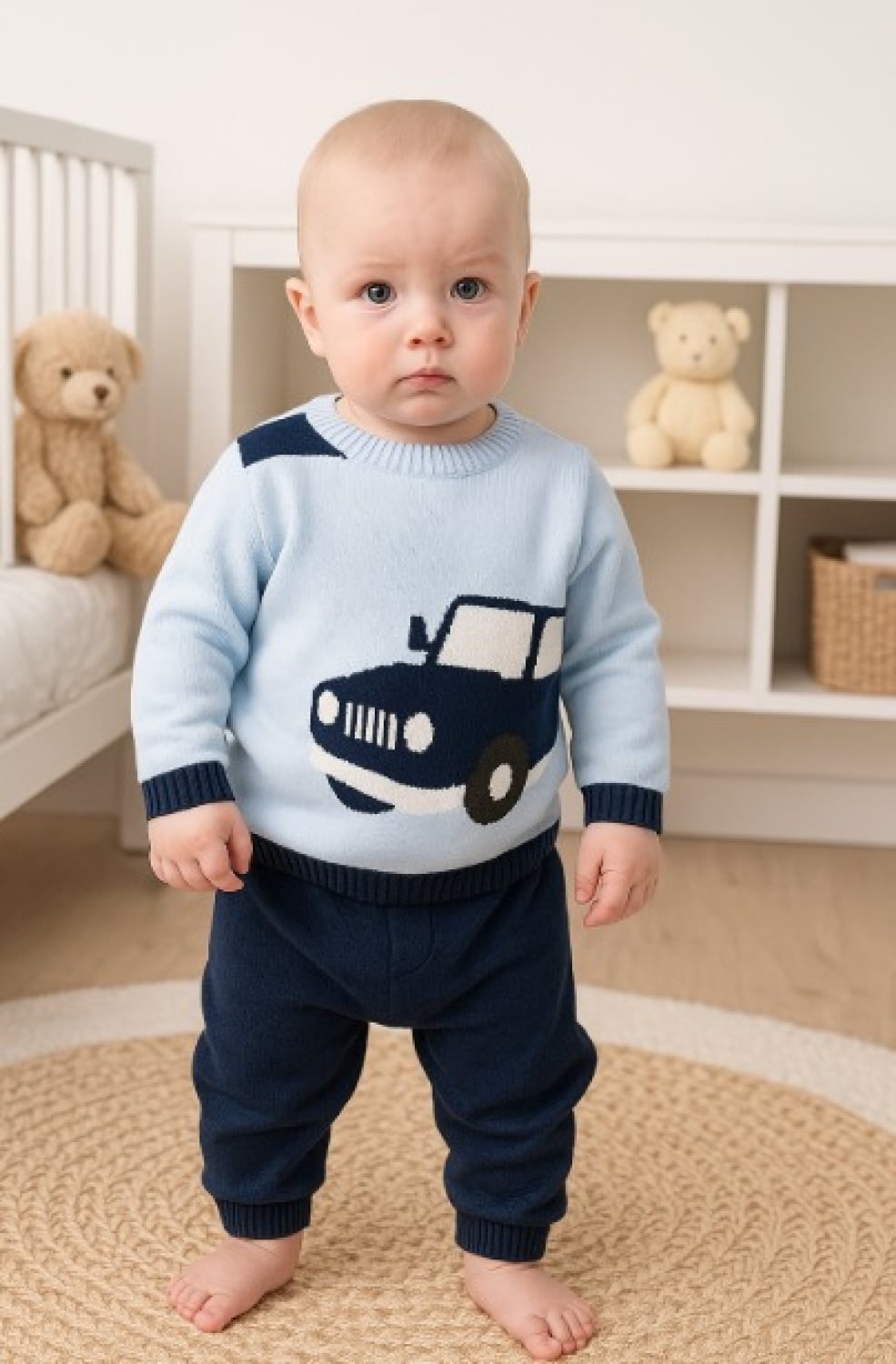 Knitted Baby Boy 2-Piece Set with Car Motif - Light Blue and Navy - Has Bereket - by Peralane