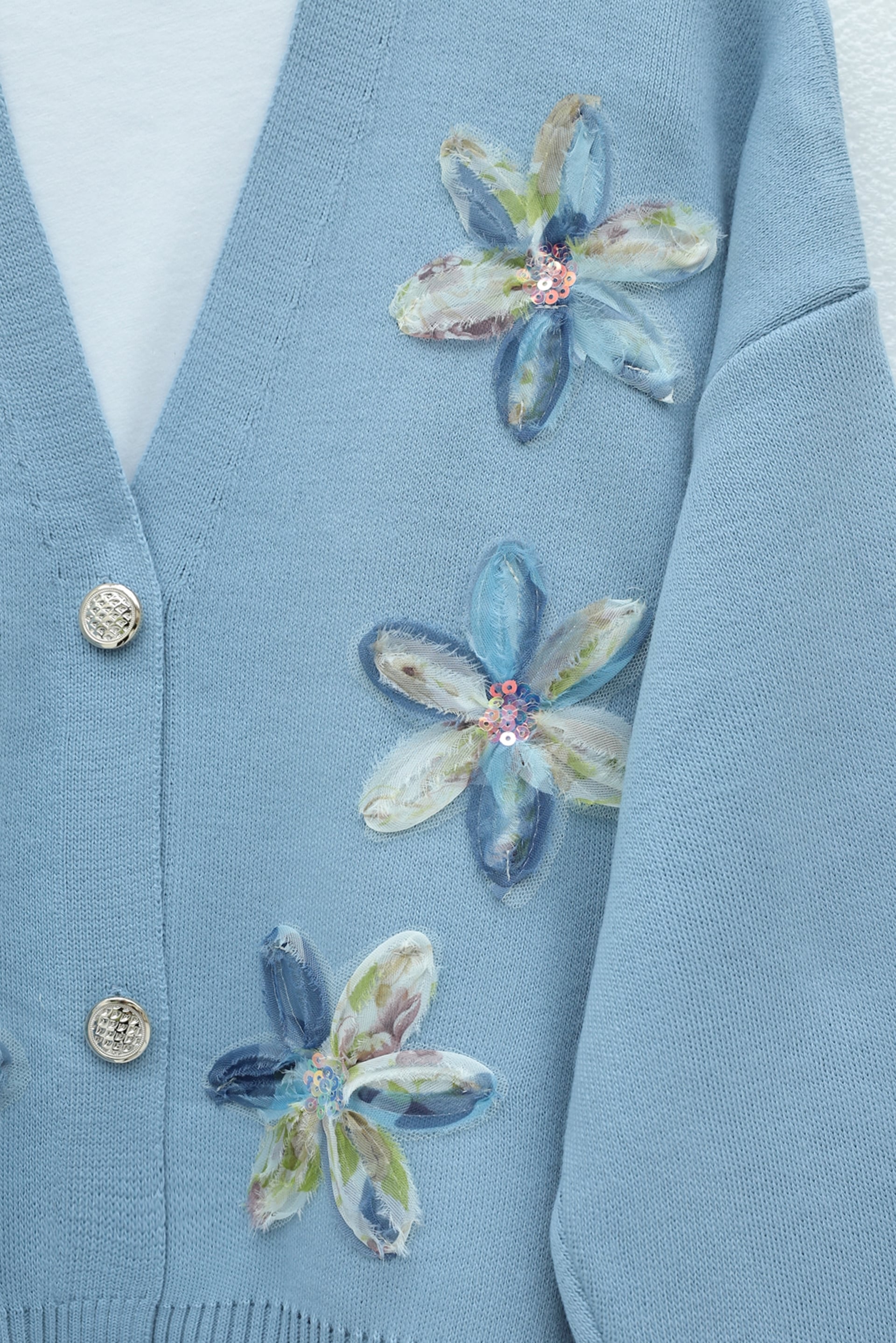 Sequin and Floral Appliqué Button-Front Knit Cardigan - Blue - Podyumplus - by Peralane - photo 5