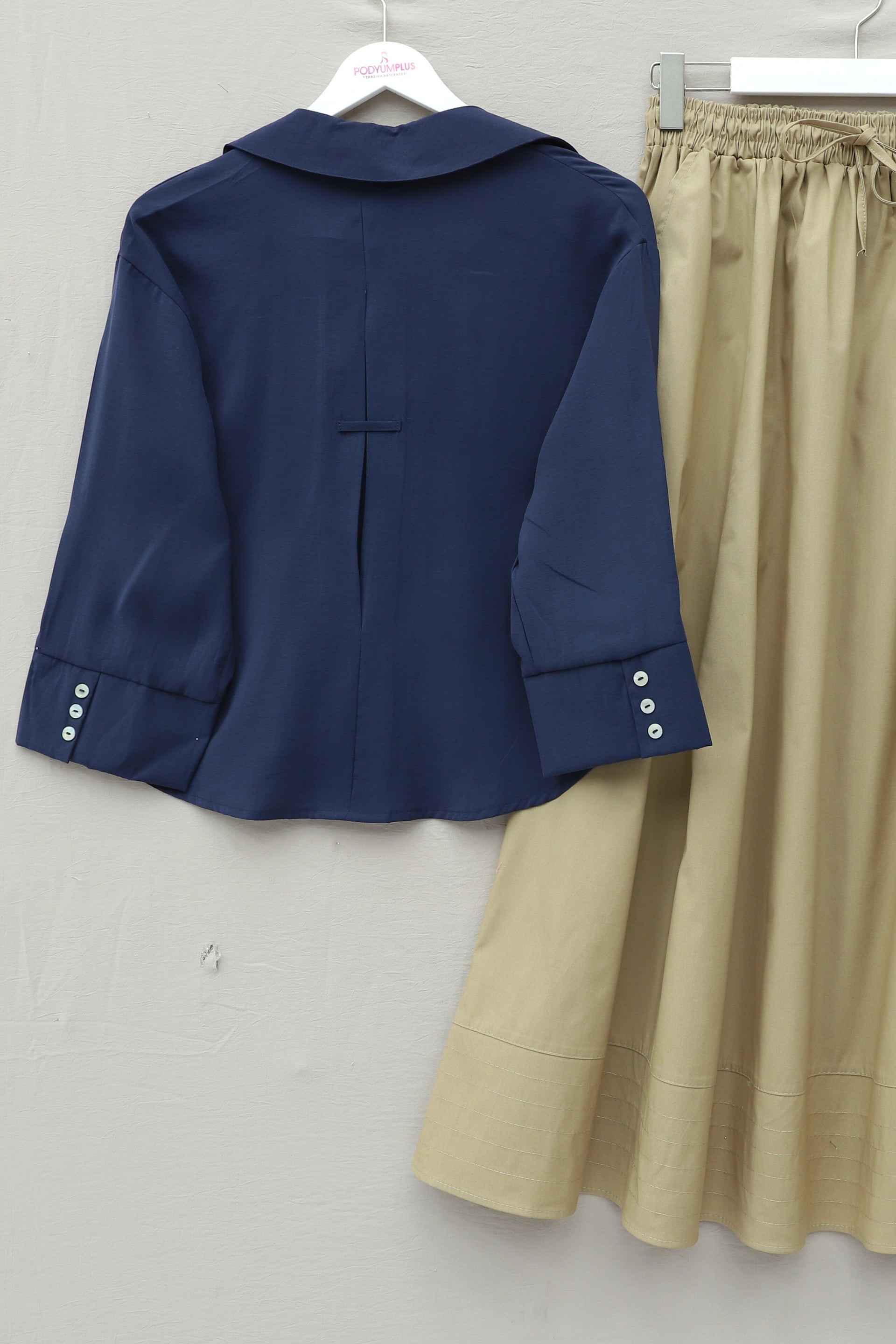 V-Neck Buttoned Half-Sleeve Modal Blouse - Navy Blue - Podyumplus - by Peralane - photo 3