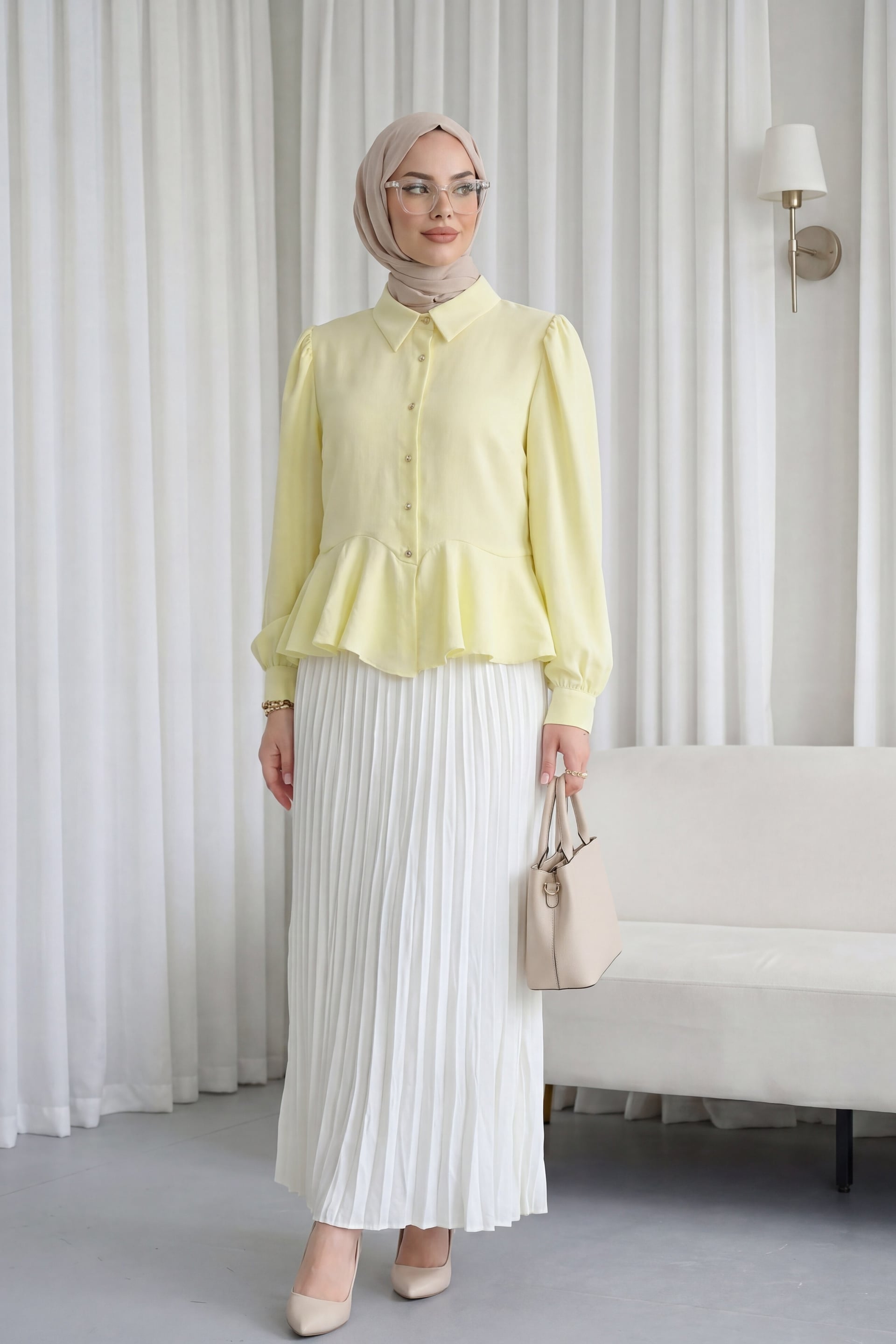 Stone-Button Peplum Blouse with Flounce Details in Yellow - Modal - Podyumplus - by Peralane - photo 2