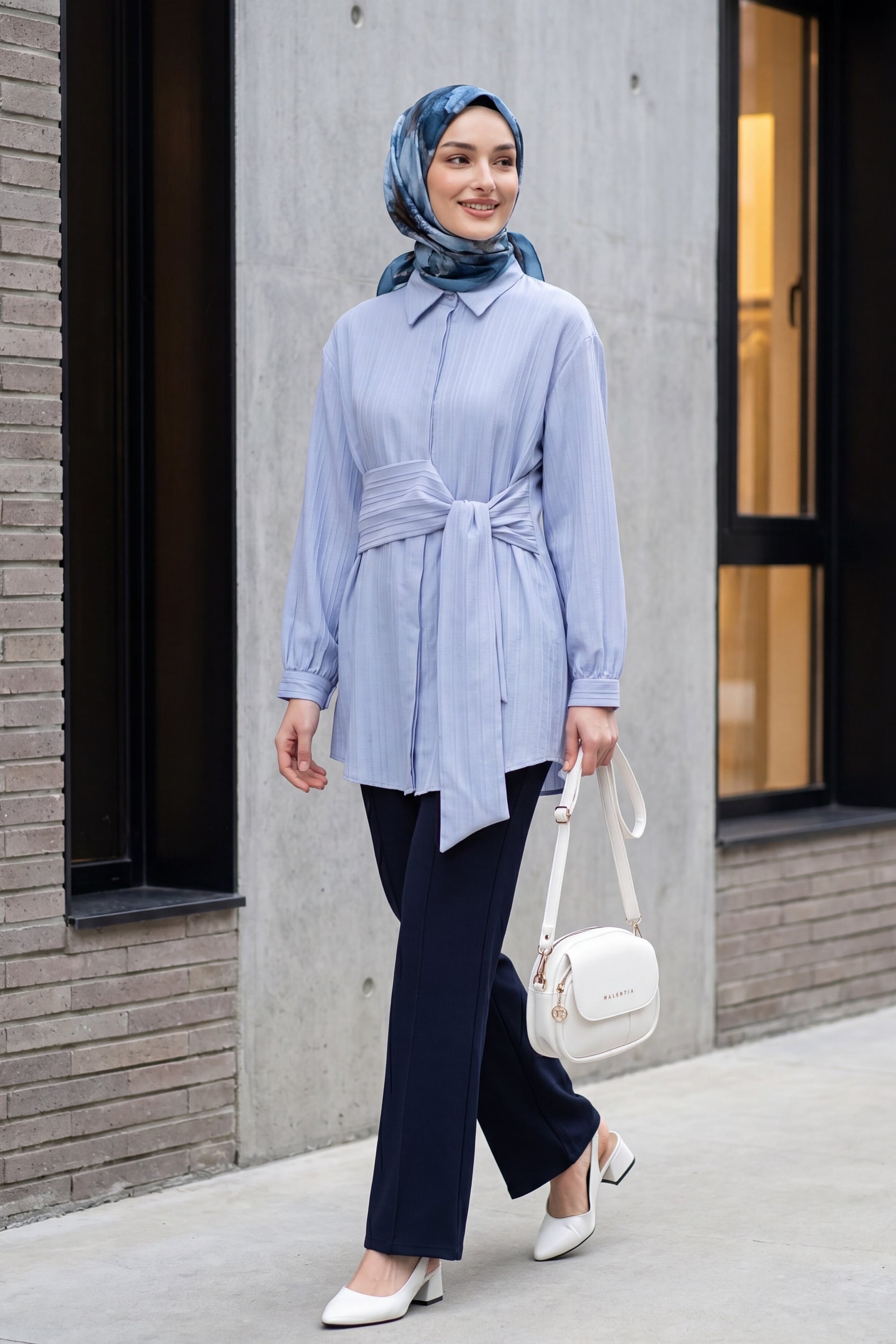 Tie-Waist Ribbed Crinkle Blouse - Ice Blue - Podyumplus - by Peralane - photo 6