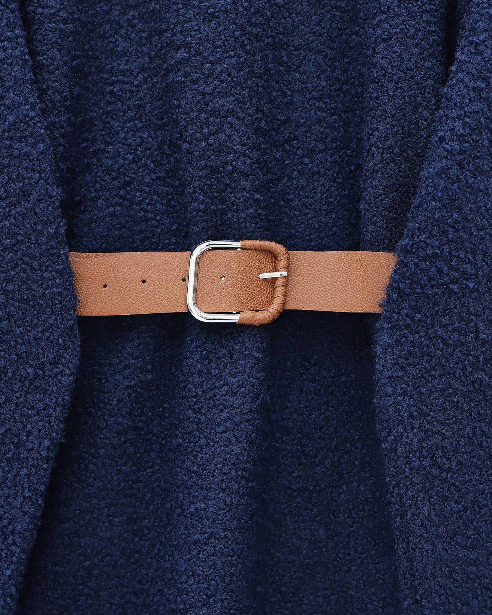 Navy Blue Thick Belted Boucle Tunic Sweater - Podyumplus - by Peralane - photo 4