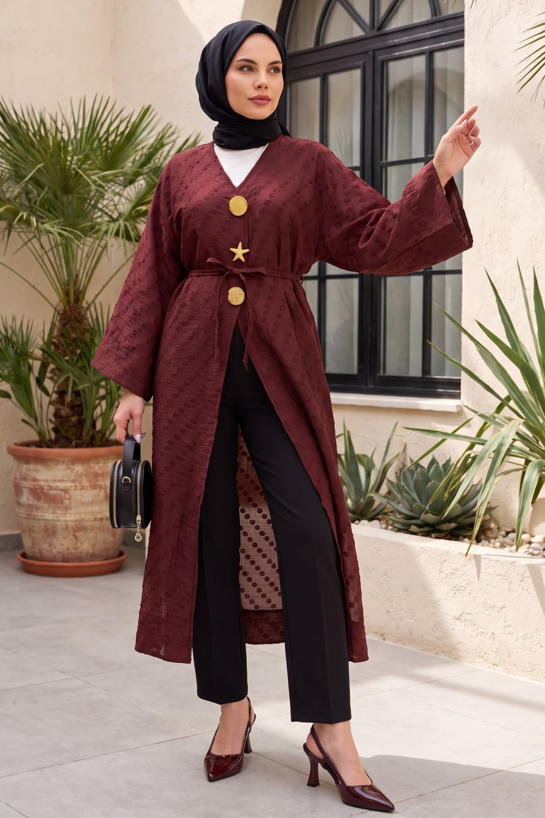 Burgundy Brooch Detail Side-Slit Jacquard Kimono - Podyumplus - by Peralane - photo 2