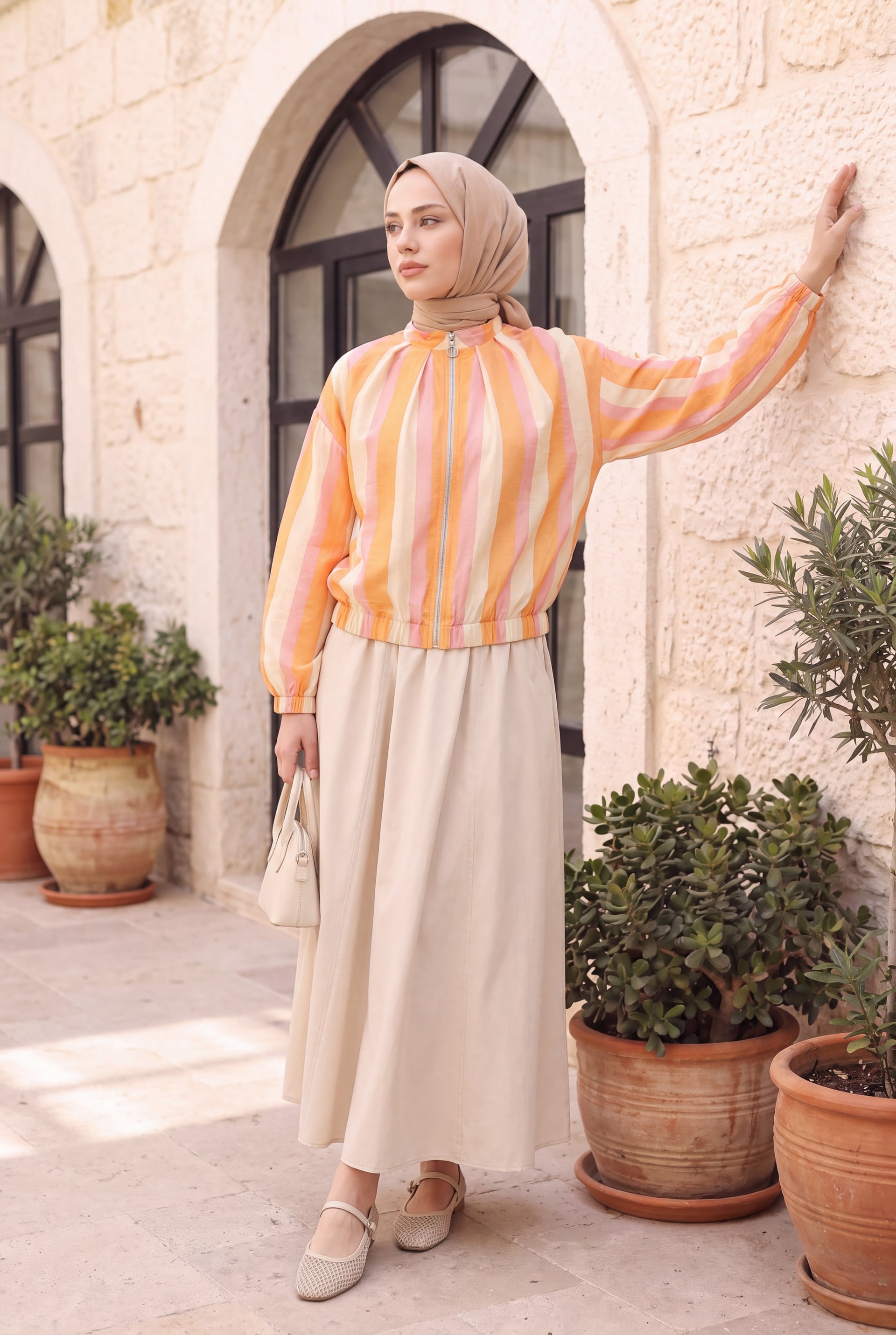 Elasticated Cuff and Hem Zip-Up Patterned Summer Jacket - Orange - Podyumplus - by Peralane - photo 6