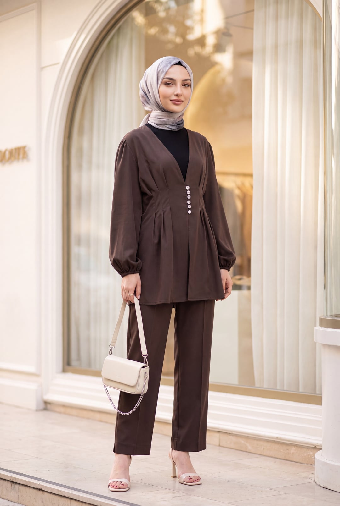 Stone Button Double Fabric Trouser Suit with Elastic Cuffs - Dark Brown - Podyumplus - by Peralane - photo 2