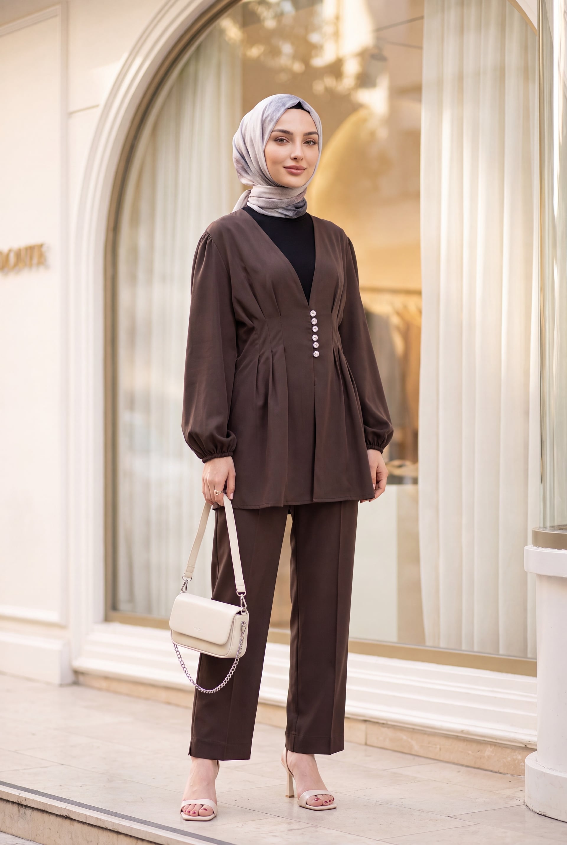 Stone Button Double Fabric Trouser Suit with Elastic Cuffs - Dark Brown - Podyumplus - by Peralane - photo 2