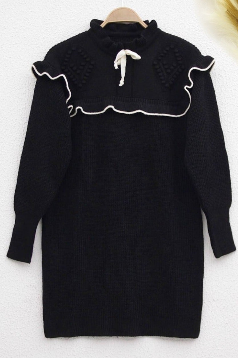 Ruffled Trim Knit Tunic with Bow Detail - Black - Podyumplus - by Peralane - photo 3