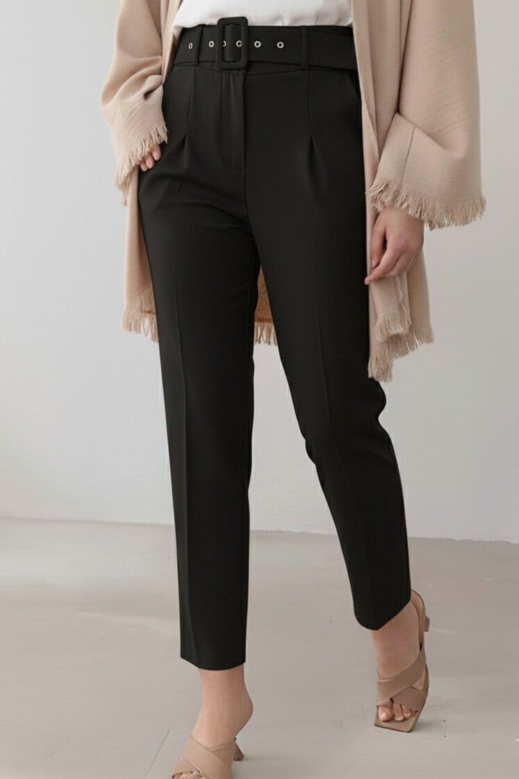 High-Waisted Black Trousers with Thick Belt - Podyumplus - by Peralane - photo 2