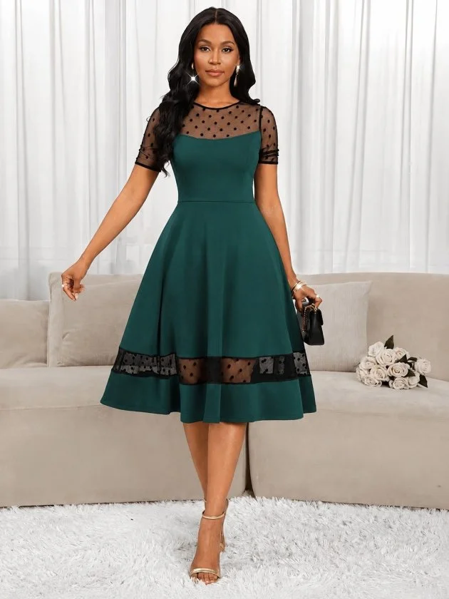 Women's Short-Sleeve Crew Neck Polka Dot Tulle Detail Midi Crepe Dress - Janes - by Peralane - photo 2