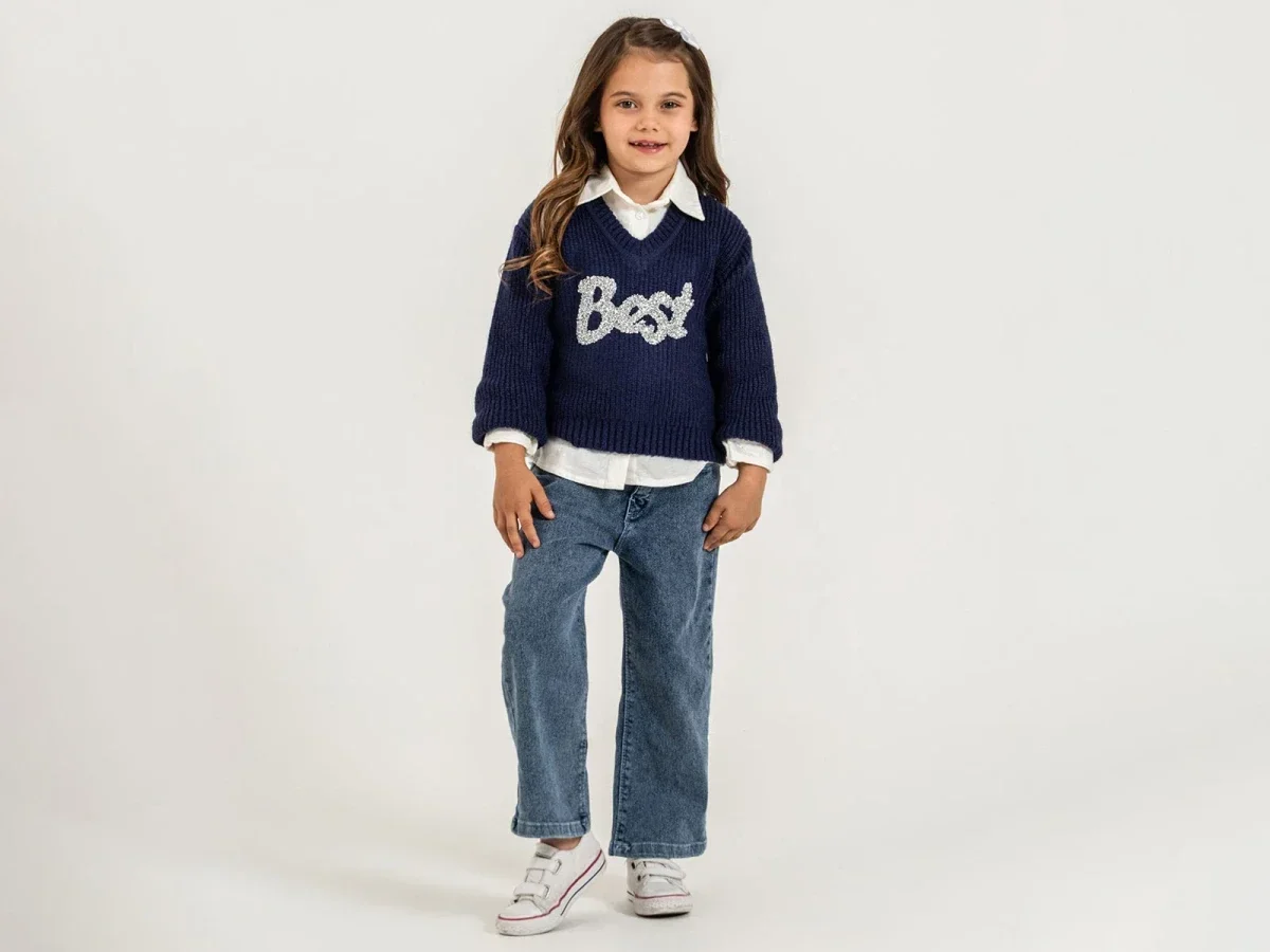 Girls' Knit Sweater Set with 'Best' Glitter Print - Navy Blue - Pack of 4 - Pampal Kids - by Peralane