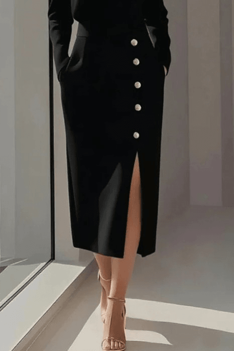 Women's Black Long Sleeve Crew Neck Side Slit Buttoned Midi Crepe Dress - Janes - by Peralane - photo 3