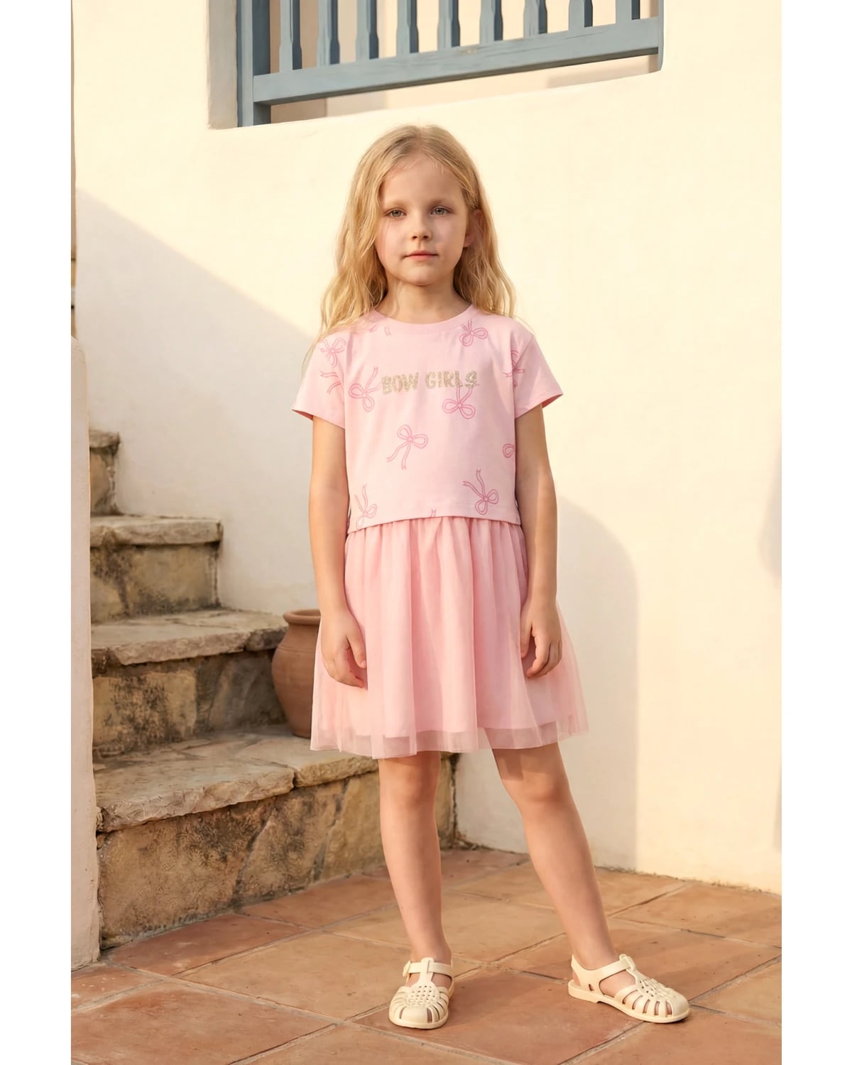 Girls' Bow Print Tulle Dress (Ages 3-7) - 26111 - Miniloox - by Peralane