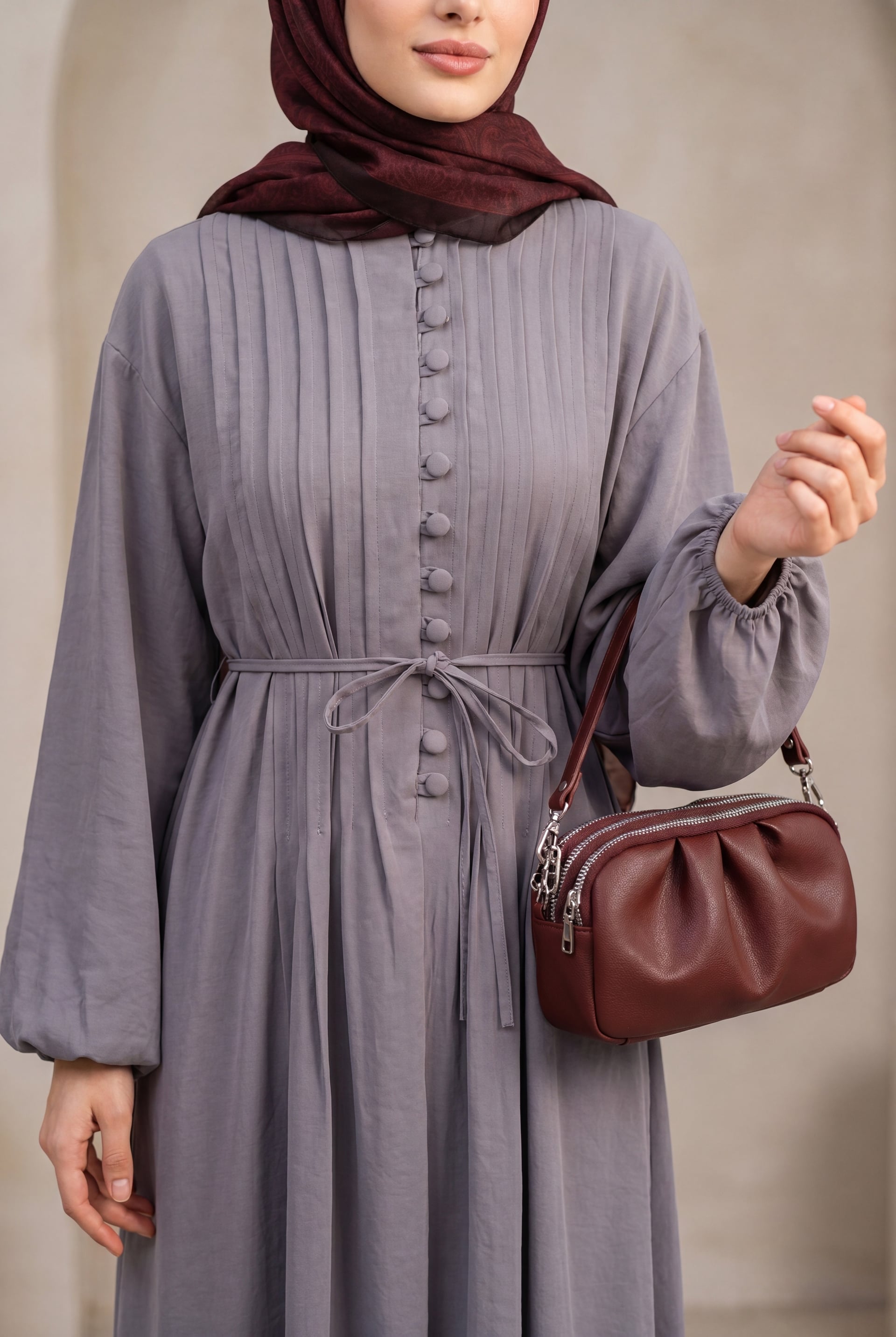 Women's Grey Long-Sleeve Button-Front Ribbed Modal Dress with Belt - Podyumplus - by Peralane - photo 4