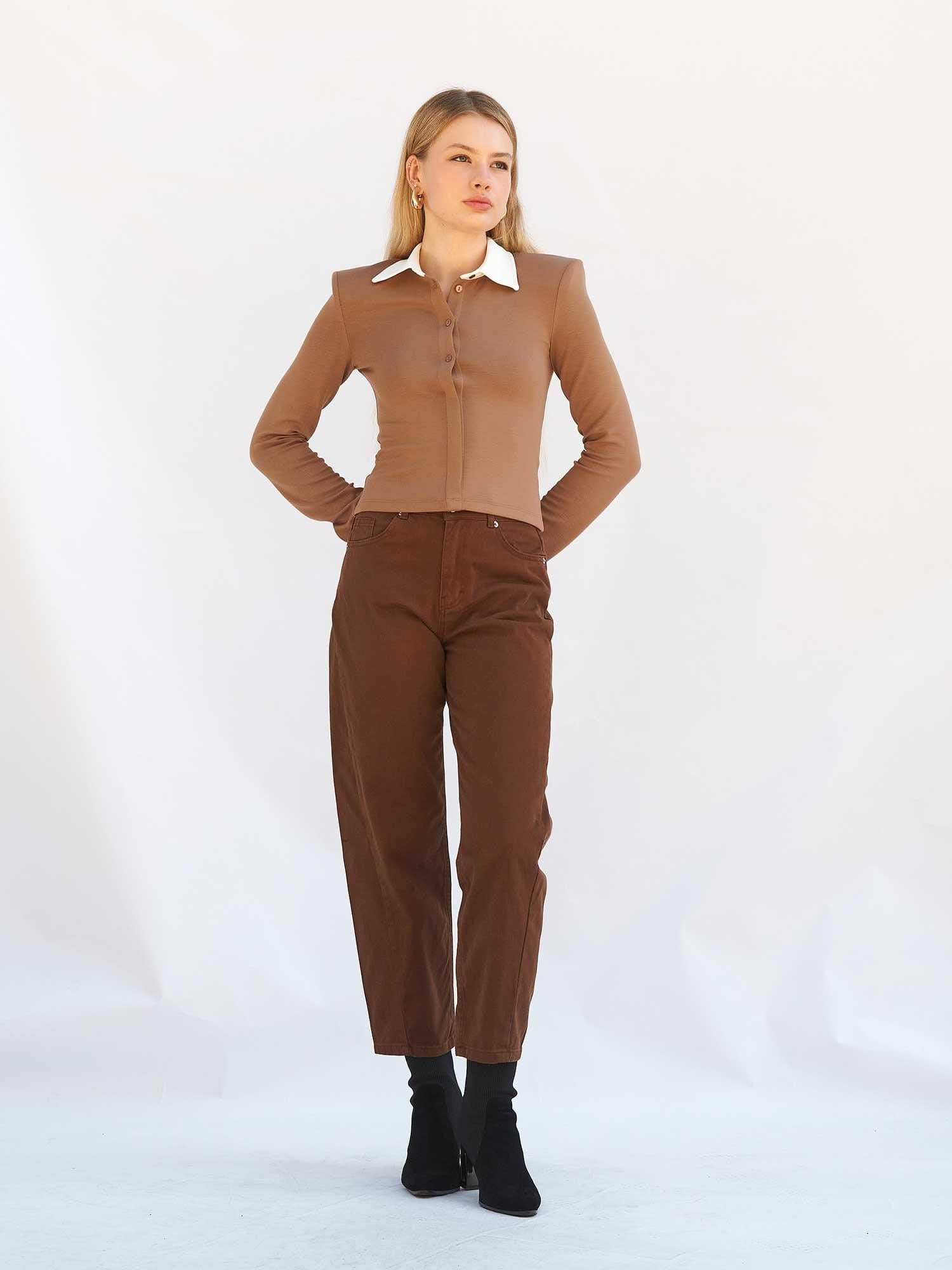 Women's Brown Knit Blouse with Collar and Cuffs - Lefon - by Peralane - photo 4