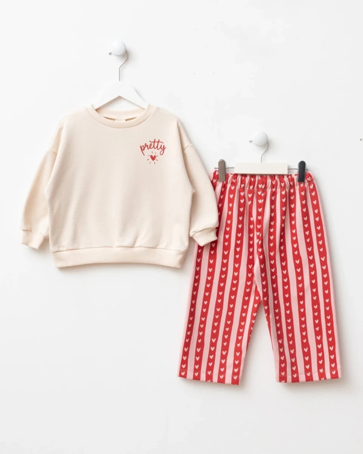 Girls' Two-Piece Set with Sweatshirt and Striped Trousers - Cream and Red - Interkidsy - by Peralane