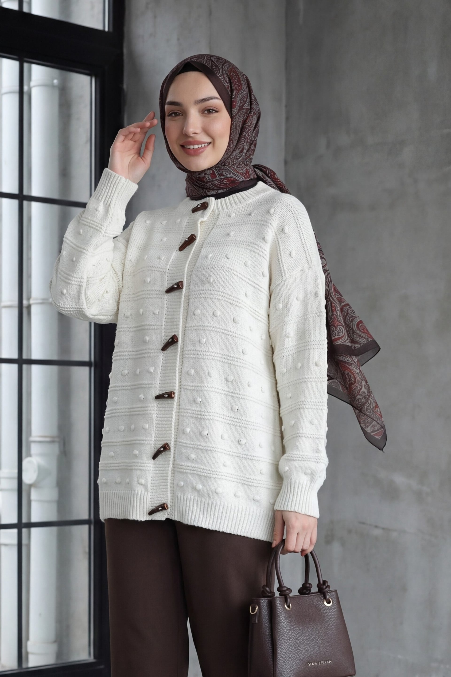 Ivory Button Pom-Pom Detail Relaxed Knit Cardigan - Ecru - Podyumplus - by Peralane