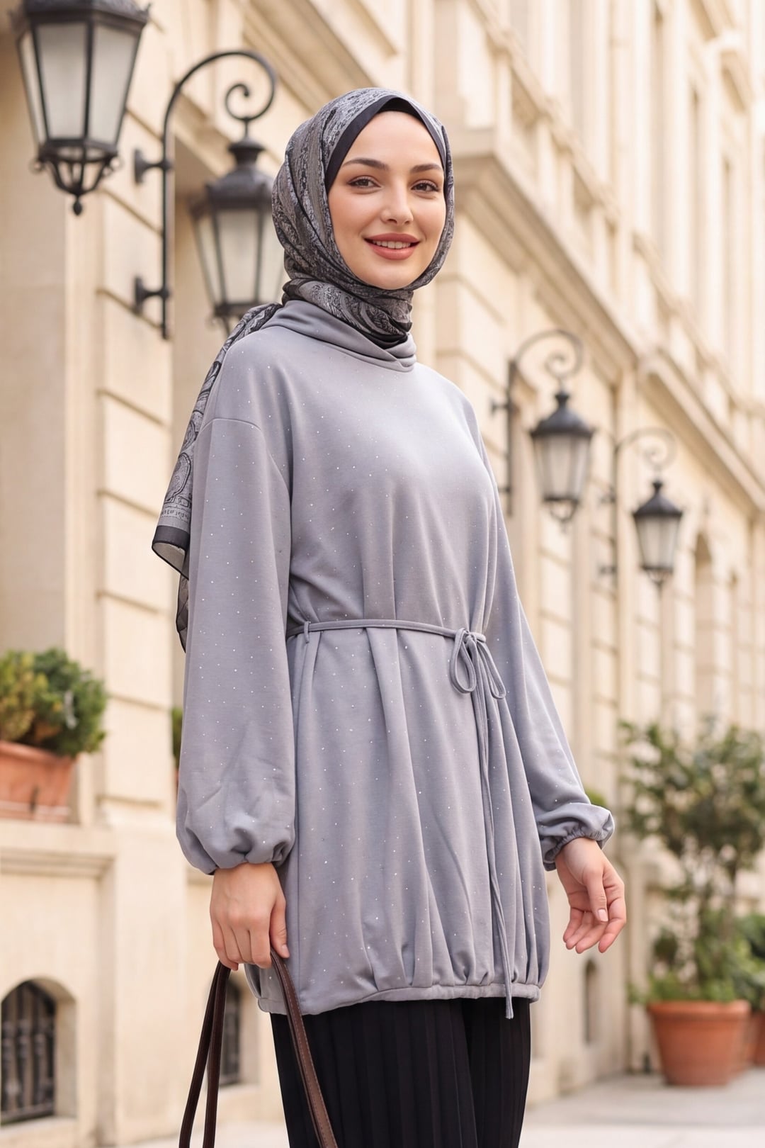 Half-Zip Drawstring Waist Sweatshirt Dress with Elasticated Skirt - Light Grey - Podyumplus - by Peralane