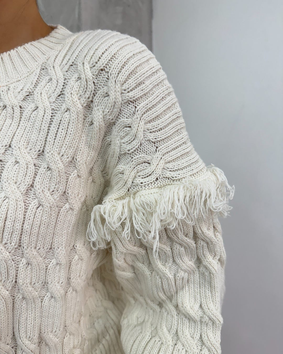 Cream Fringe Detail Balloon Sleeve Cable Knit Sweater - Podyumplus - by Peralane - photo 9