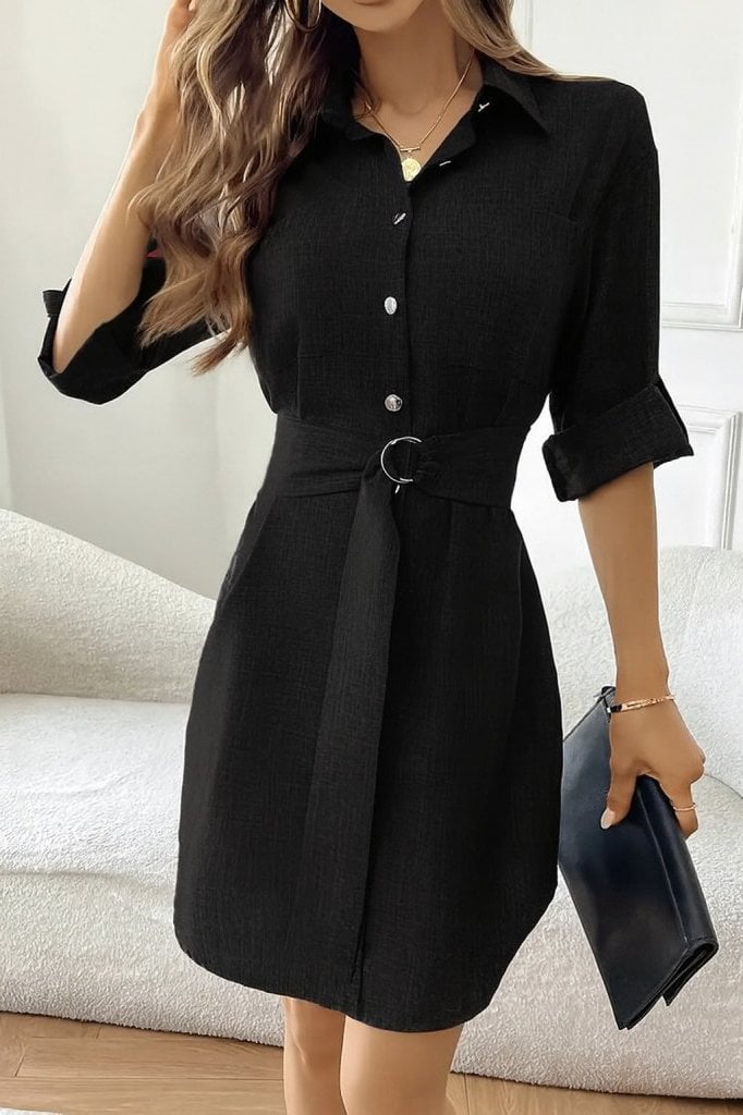 Women's Long Sleeve Collared Button-Front Belted Mini Linen Dress in Black - Janes - by Peralane - photo 3