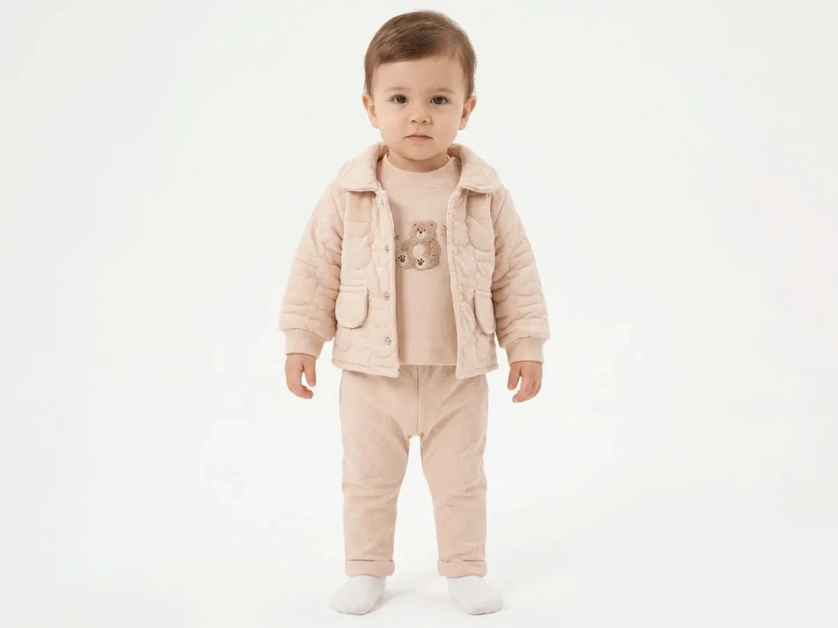 Unisex Baby 3-Piece Set with Bear Print Cardigan - Beige - Pookie - by Peralane