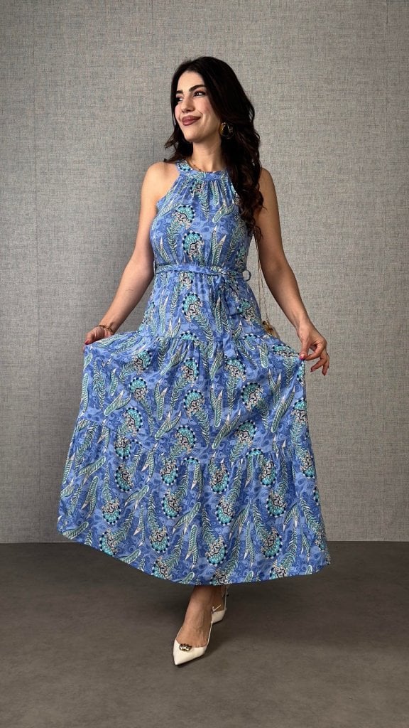 Women's Halter Neck Tie Waist Tiered Maxi Dress with Paisley Print - Janes - by Peralane