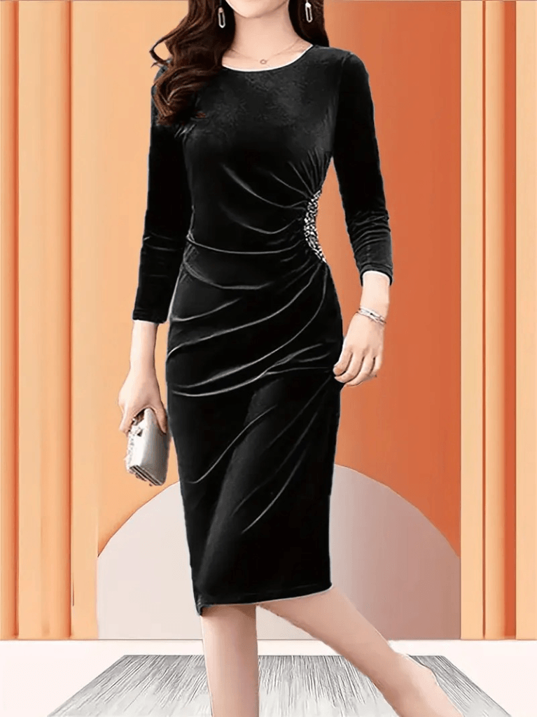 Women's Long-Sleeved Round Neck Velvet Midi Dress with Side Rhinestone Detail - Janes - by Peralane - photo 2