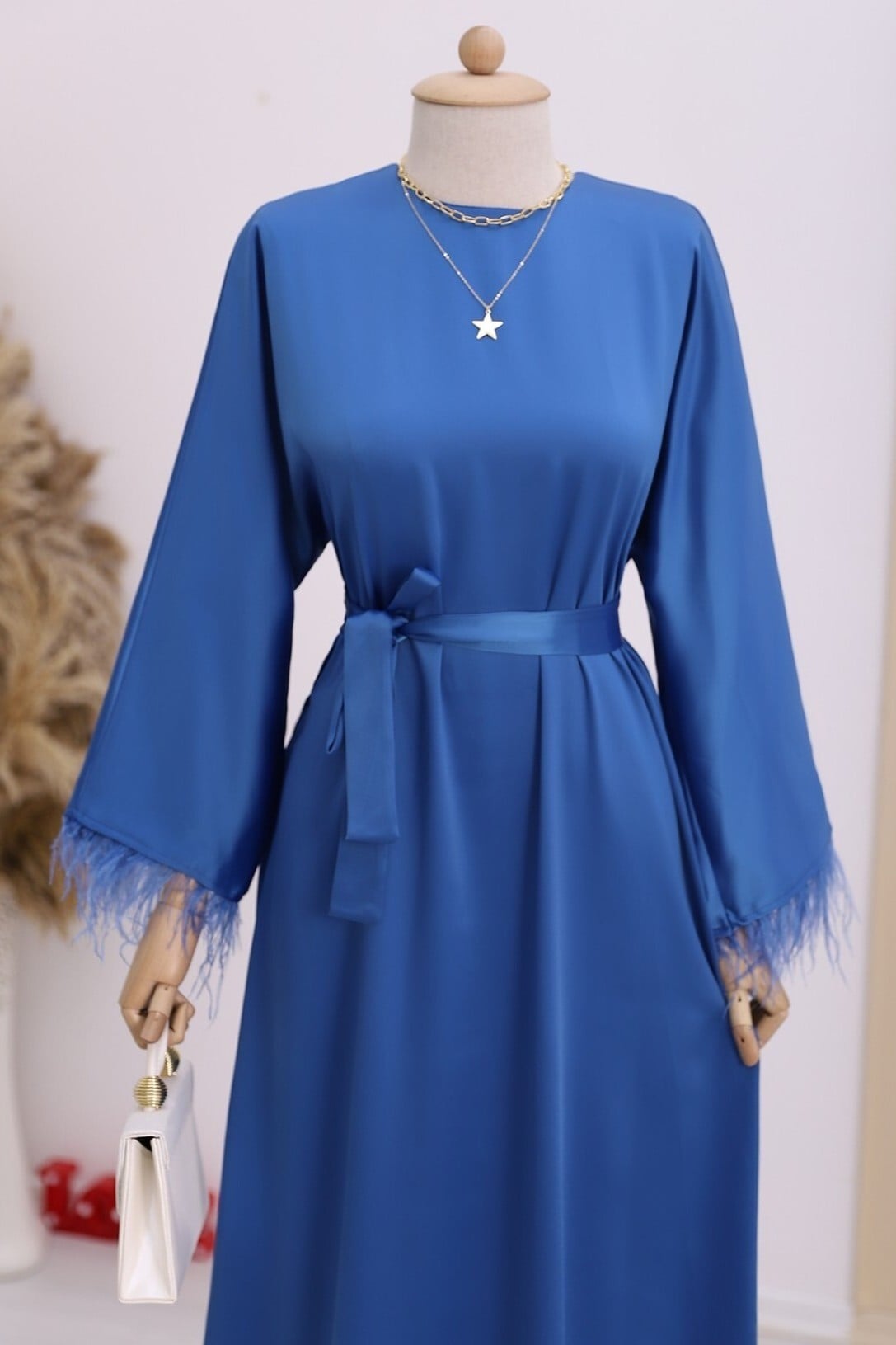 Indigo Satin Dress with Feather Trim and Belt for Women - Podyumplus - by Peralane - photo 3