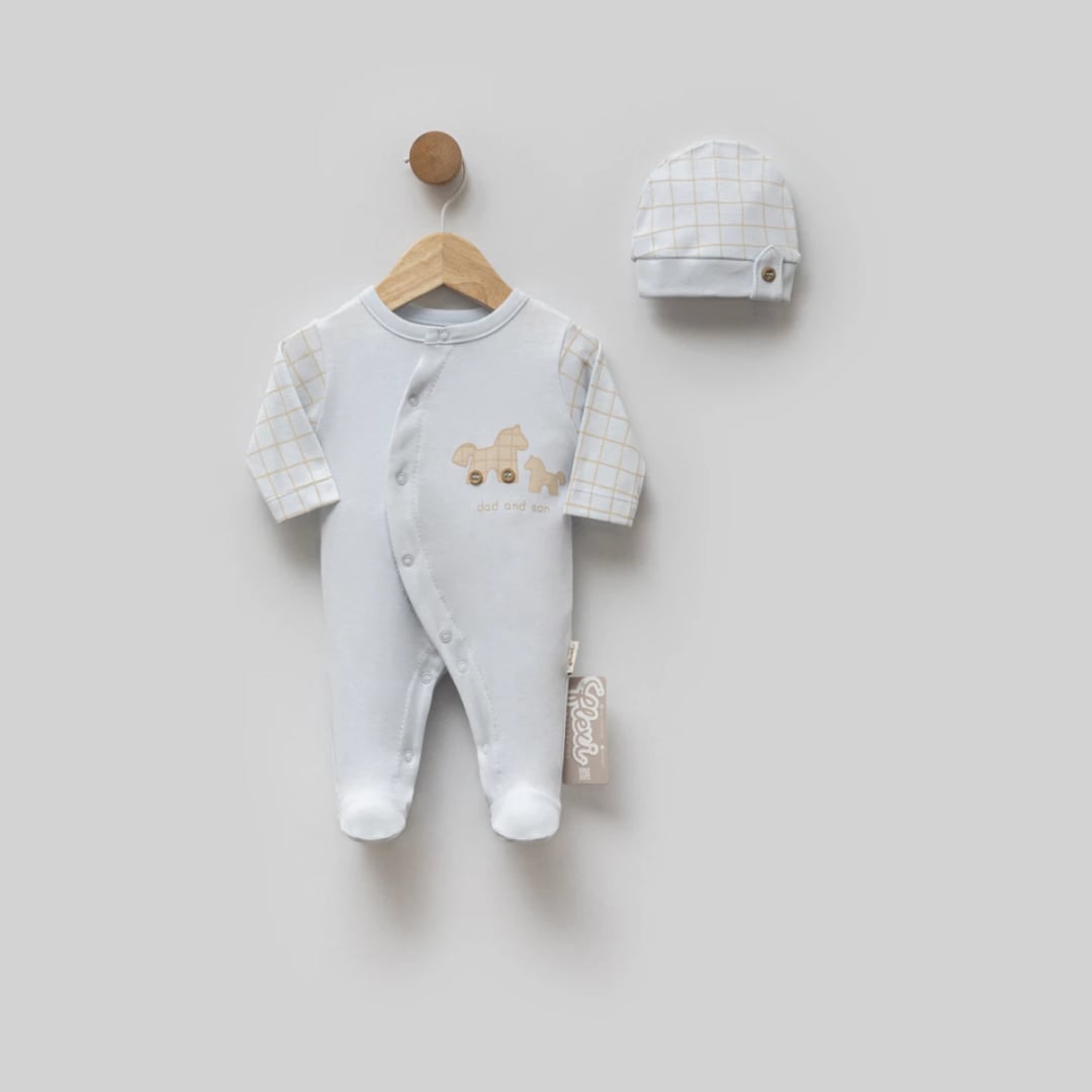 Baby Romper and Hat Set - Pale Blue with Grid Pattern - Flexi Baby - by Peralane
