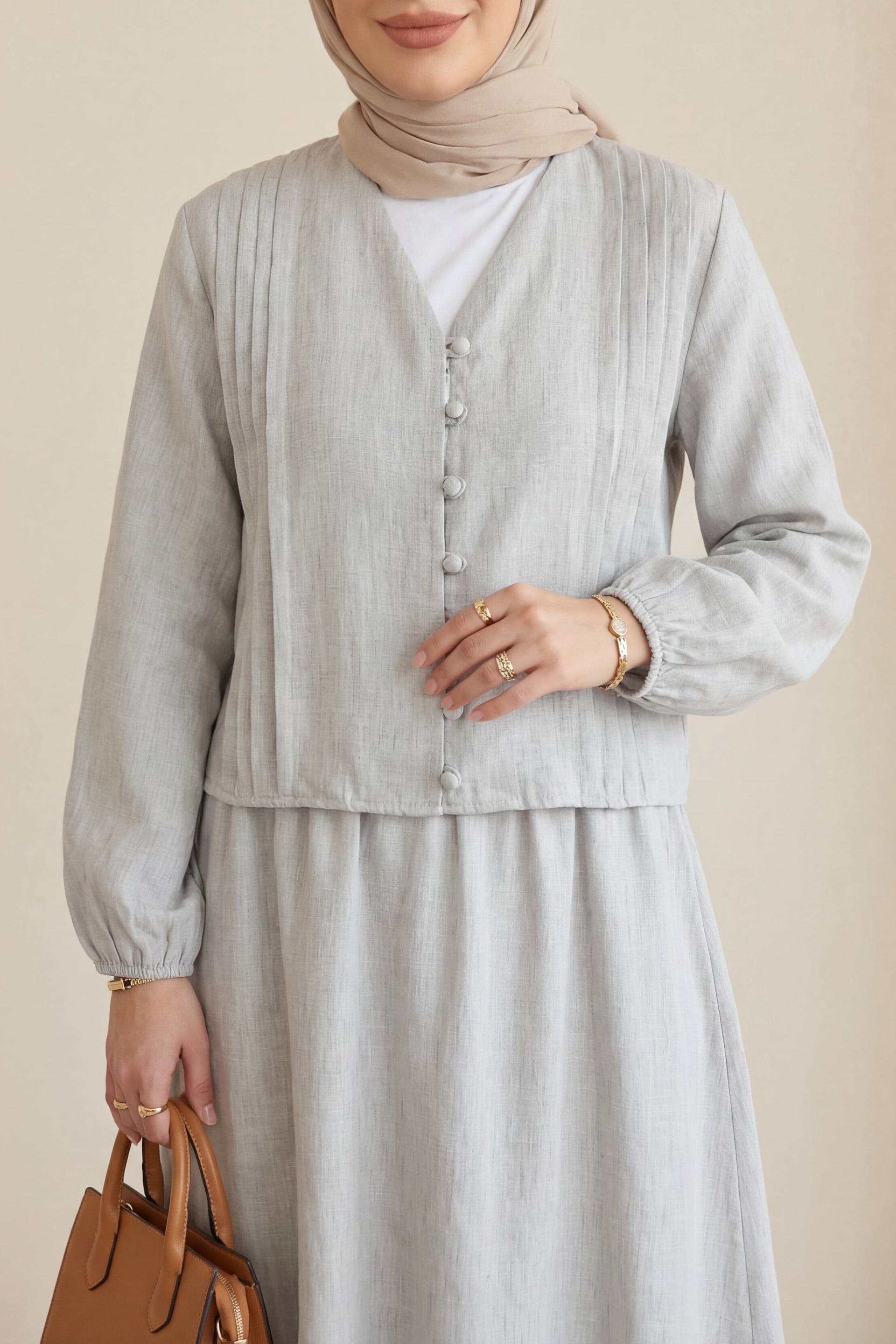 V-Neck Button-Front Pintuck Linen-Look Two-Piece Set - Light Grey - Podyumplus - by Peralane - photo 2