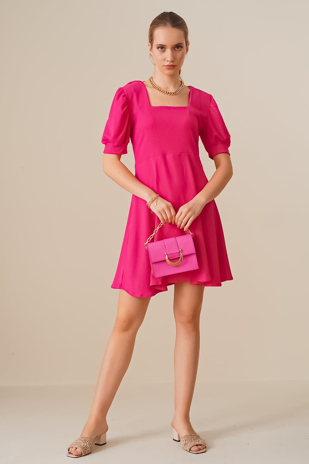 Fuchsia Square Neck Knitted Dress with Puffed Sleeves - Bigdart - by Peralane - photo 5
