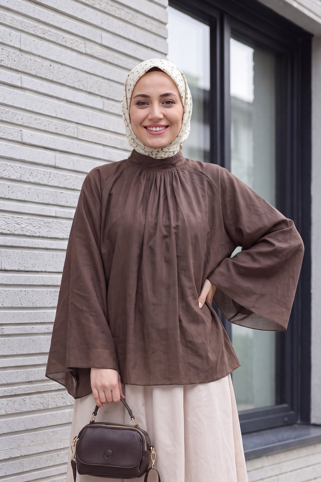 Brown Shawl Collar Spanish Sleeve Lined Voile Blouse - Podyumplus - by Peralane
