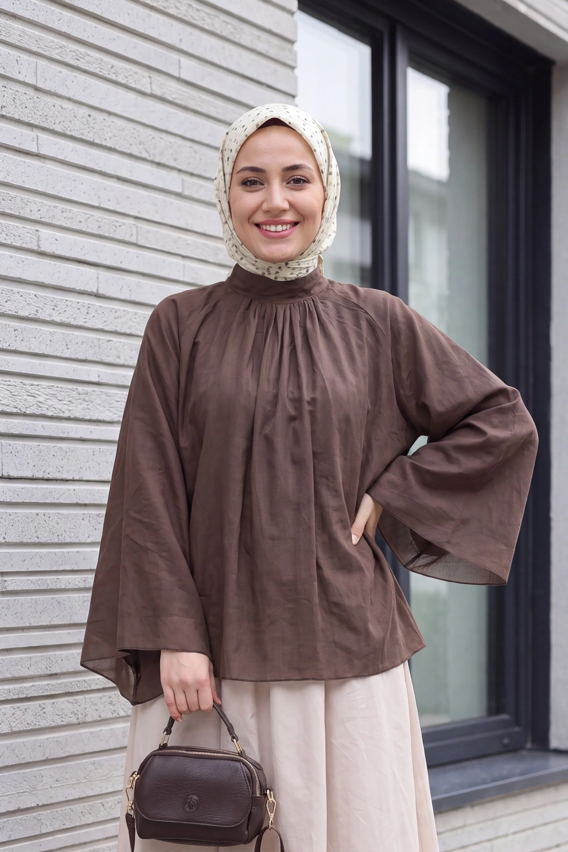 Brown Shawl Collar Spanish Sleeve Lined Voile Blouse - Podyumplus - by Peralane