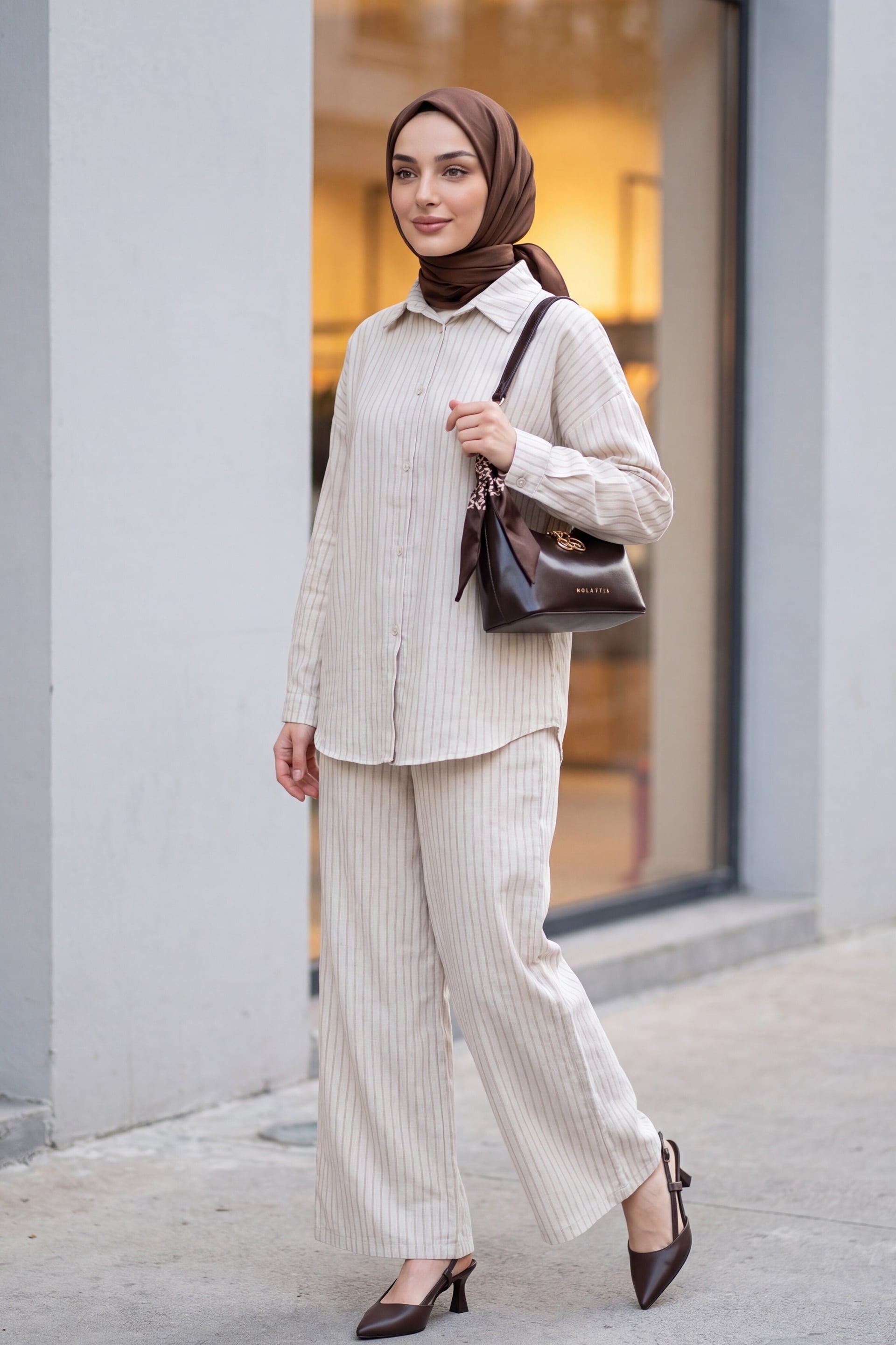 Striped Buttoned Linen Two-Piece Set with Trousers - Stone - Podyumplus - by Peralane