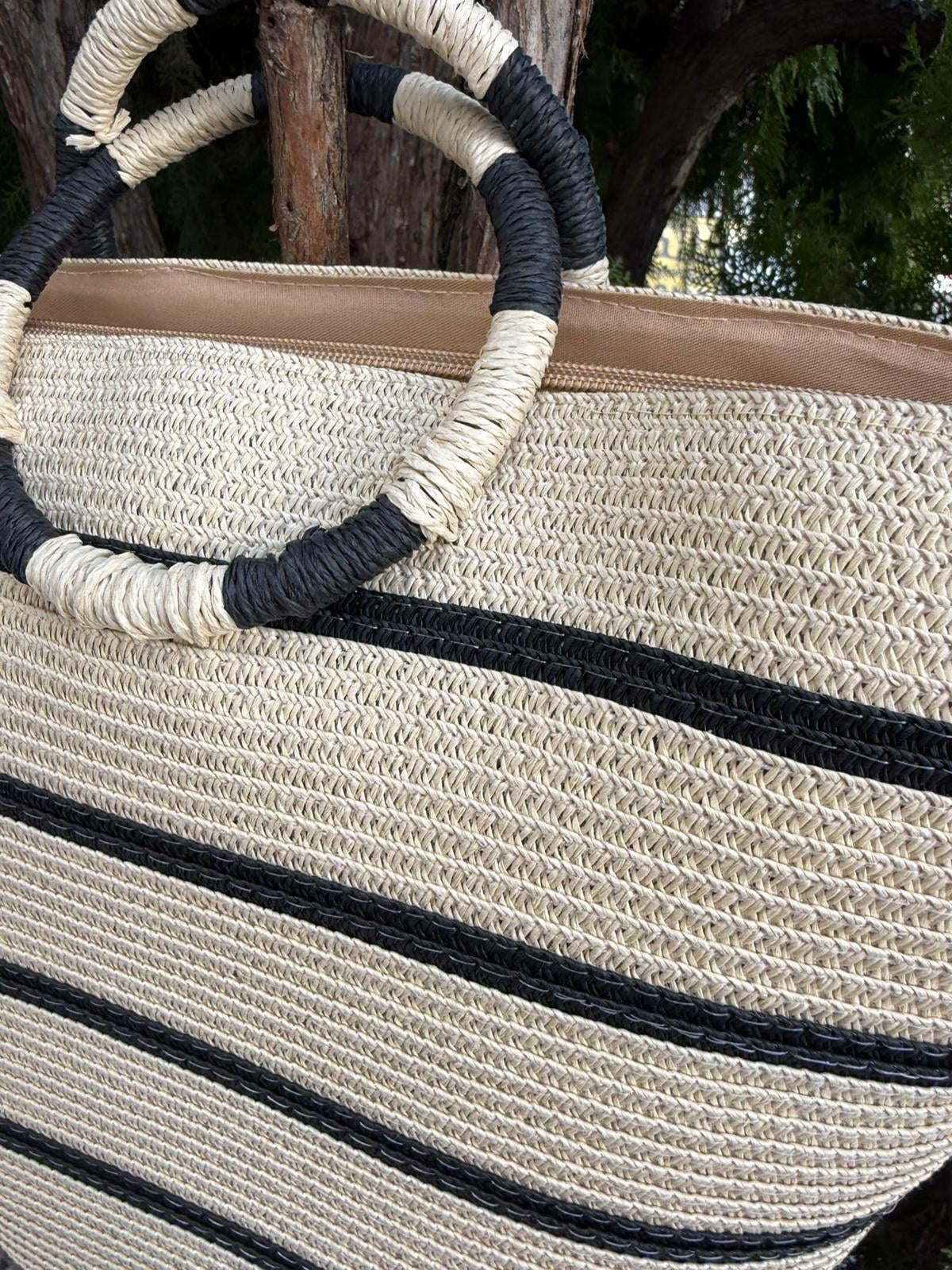 Ekru Black Striped Straw Tote Bag - Nesvay - by Peralane - photo 3